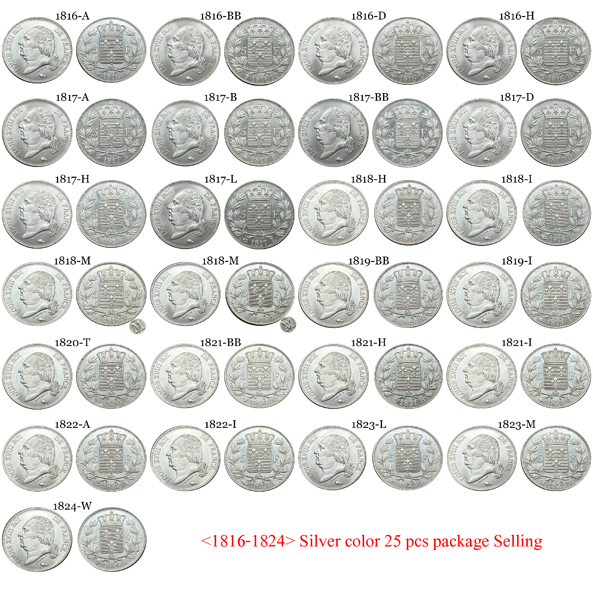 France 1816 - 1824 25 PCS 5 Francs Louis XVIII Silver Plated Replica Coin Commemorative Medal,Historical Collectible Art Craft For Enthusiasts