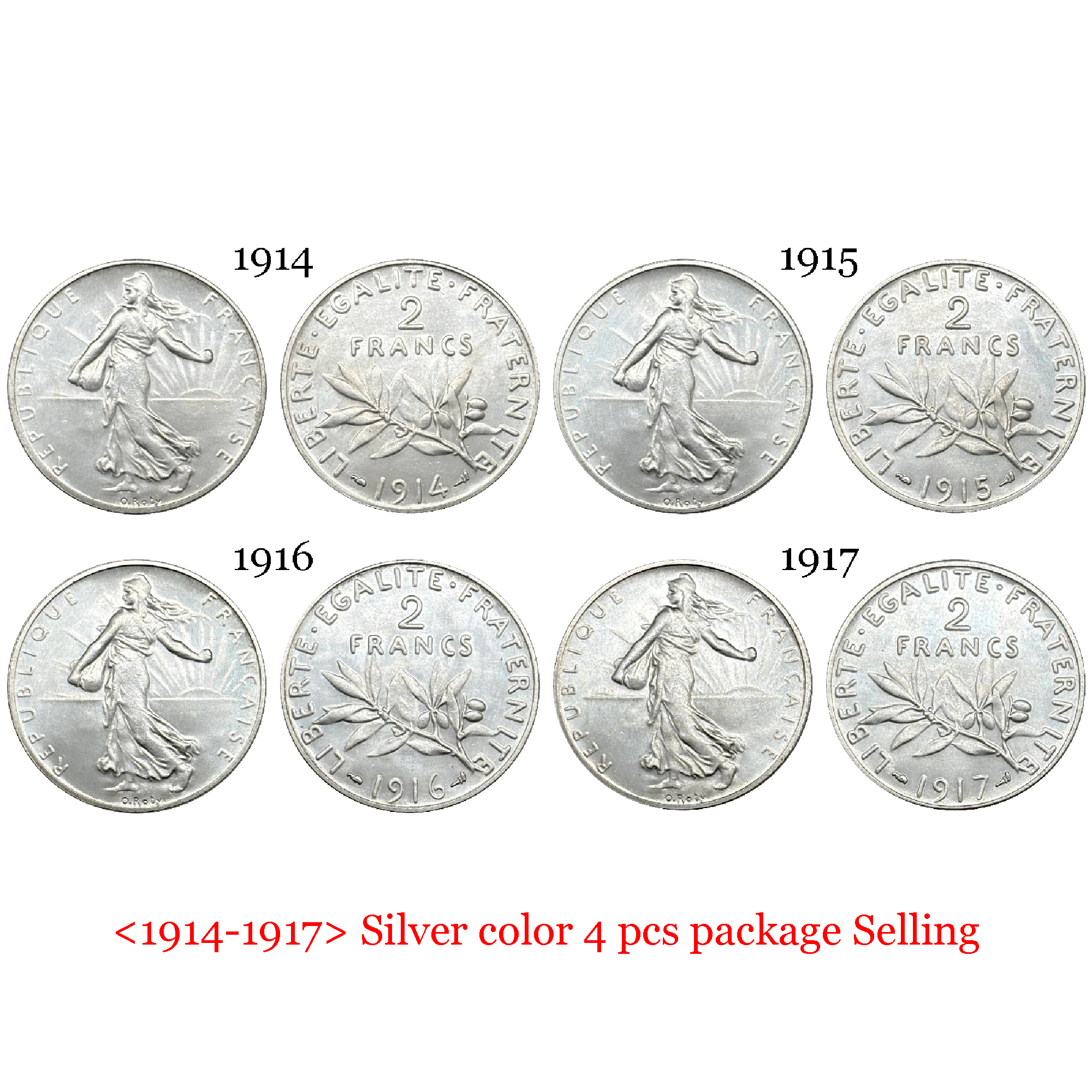 France 2 Francs 1914 -1917 4 Pcs Selling Liberte Silver Plated Replica Coin Commemorative Medal,Historical Collectible Art Craft For Enthusiasts
