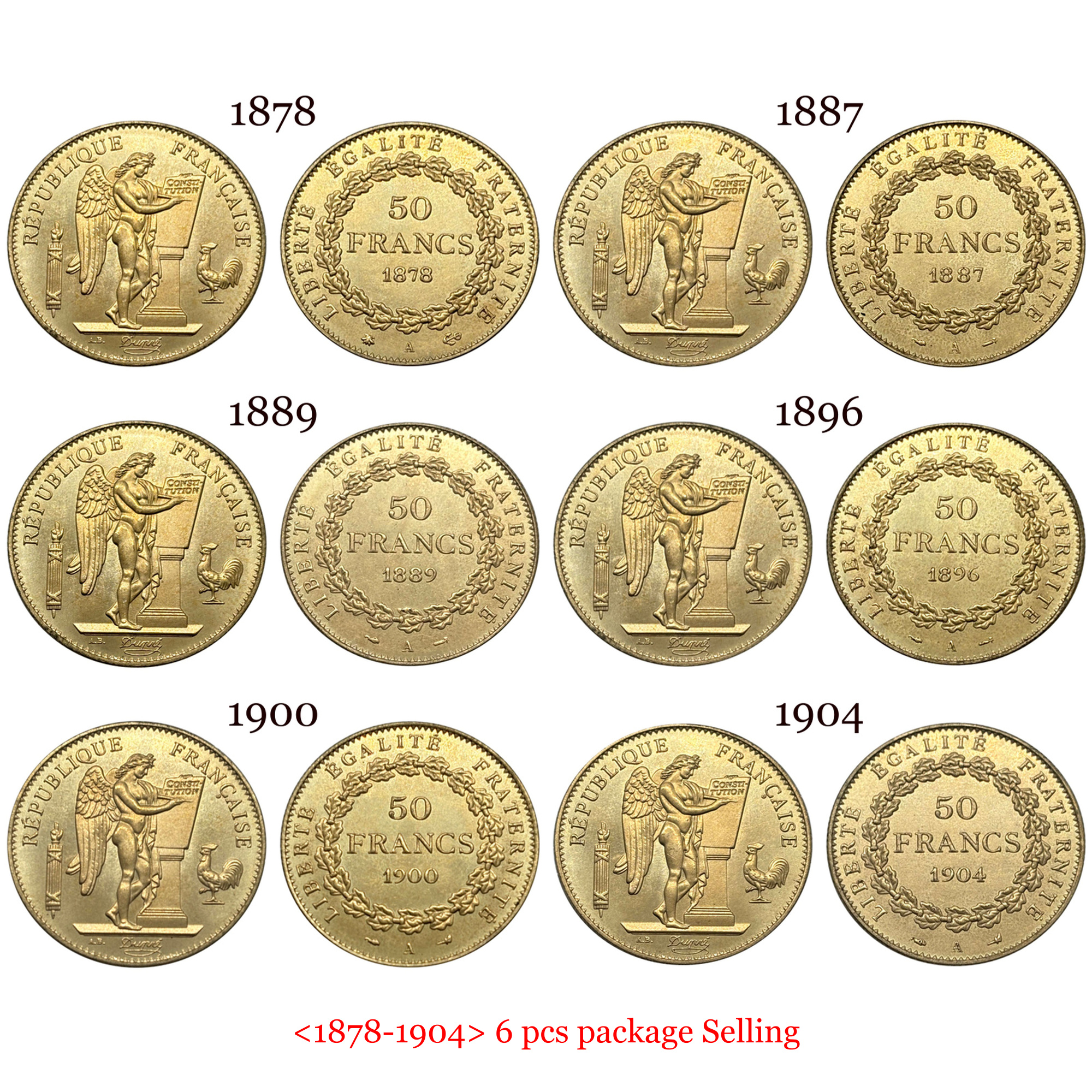 France 1878 - 1904 50 Francs 6 Pcs Third Republic Liberte Gold Brass Metal Replica Coin Commemorative Medal,Historical Collectible Art Craft For Enthusiasts