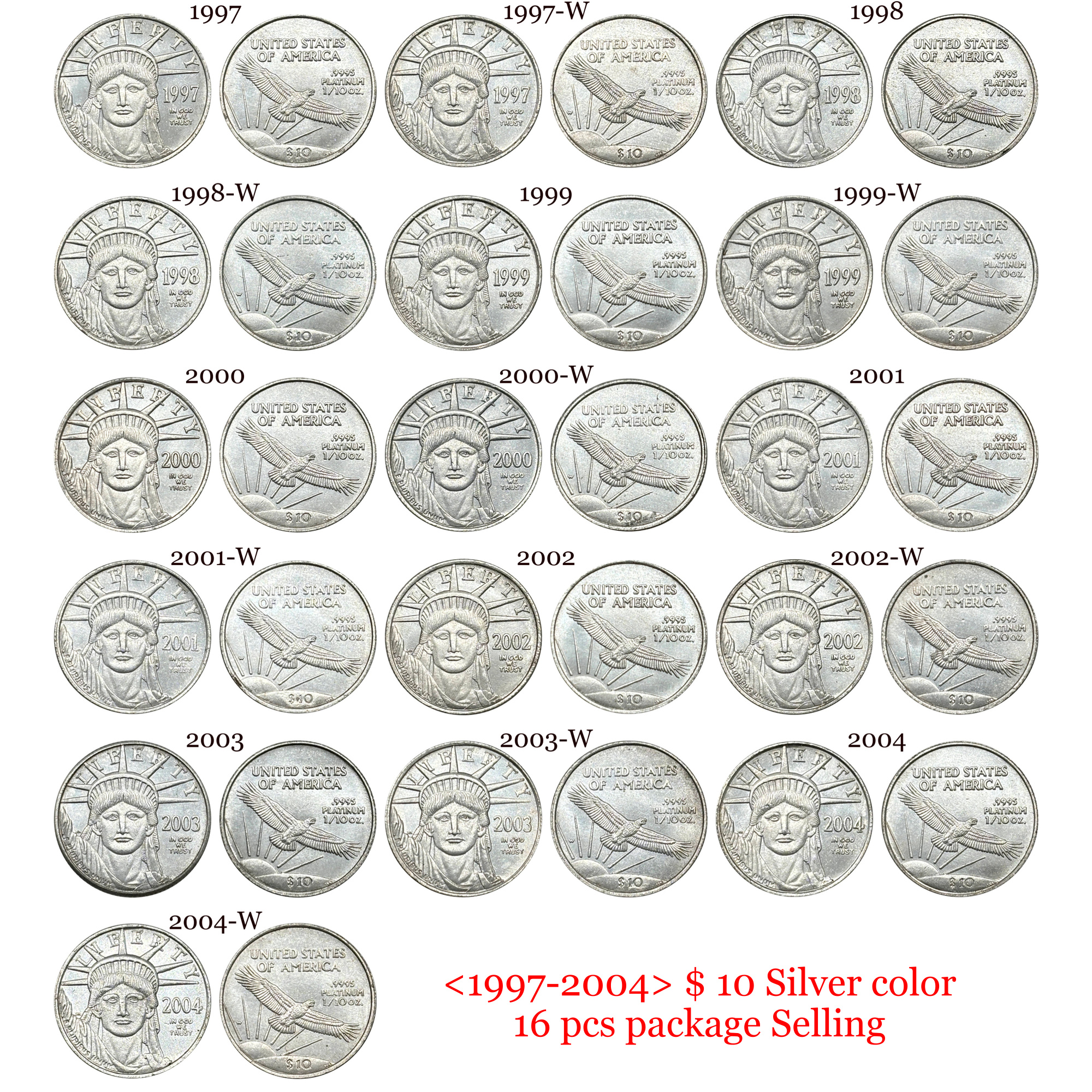 United States 1997-2004 16 Pcs Package Sell Liberty 10 Dollars American Platinum Eagle US Silver Plated Replica Coin Commemorative Medal,Historical Collectible Art Craft For Enthusiasts