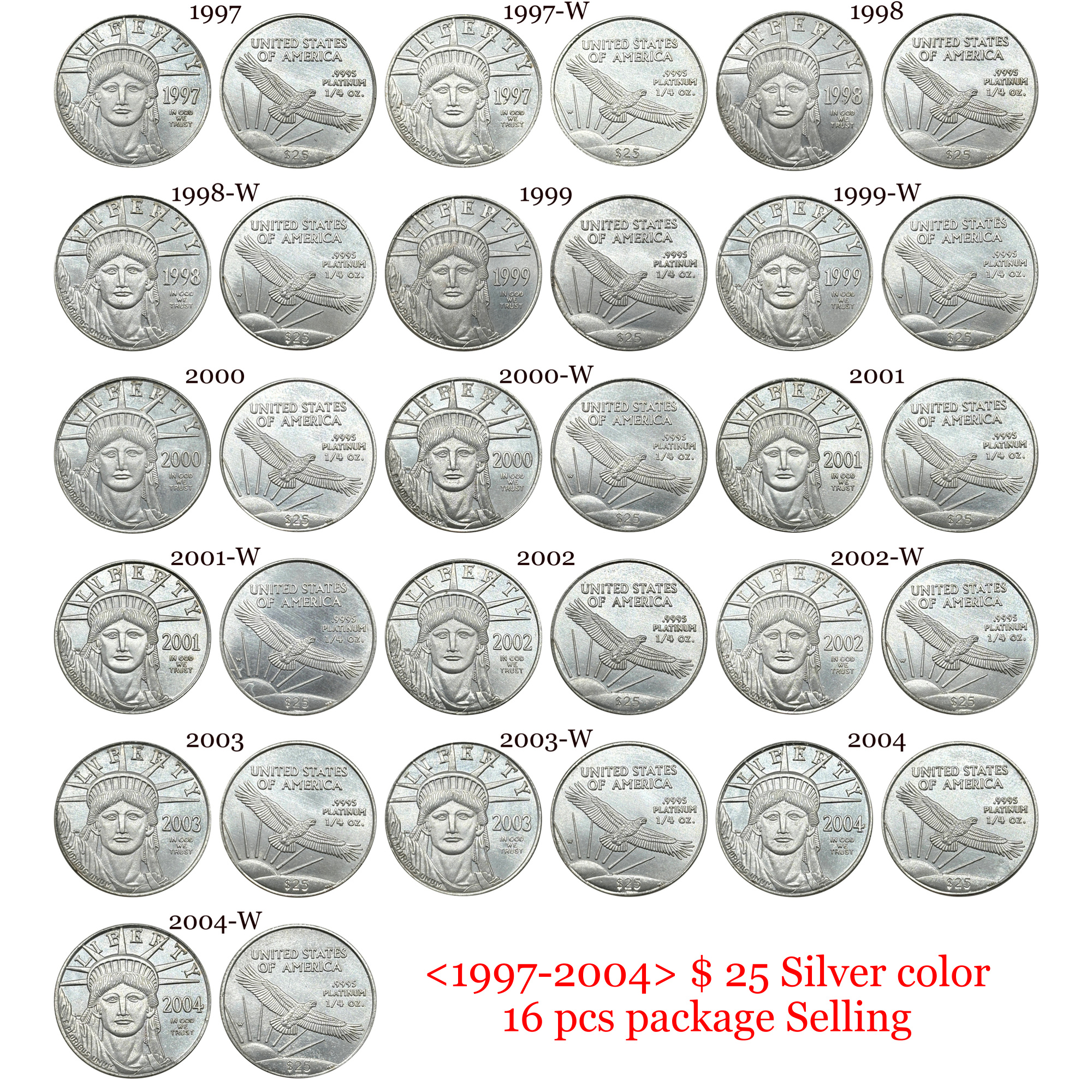 United States 1997-2004 16 Pcs Package Sell Liberty 25 Dollars American Platinum Eagle US Silver Plated Replica Coin Commemorative Medal,Historical Collectible Art Craft For Enthusiasts