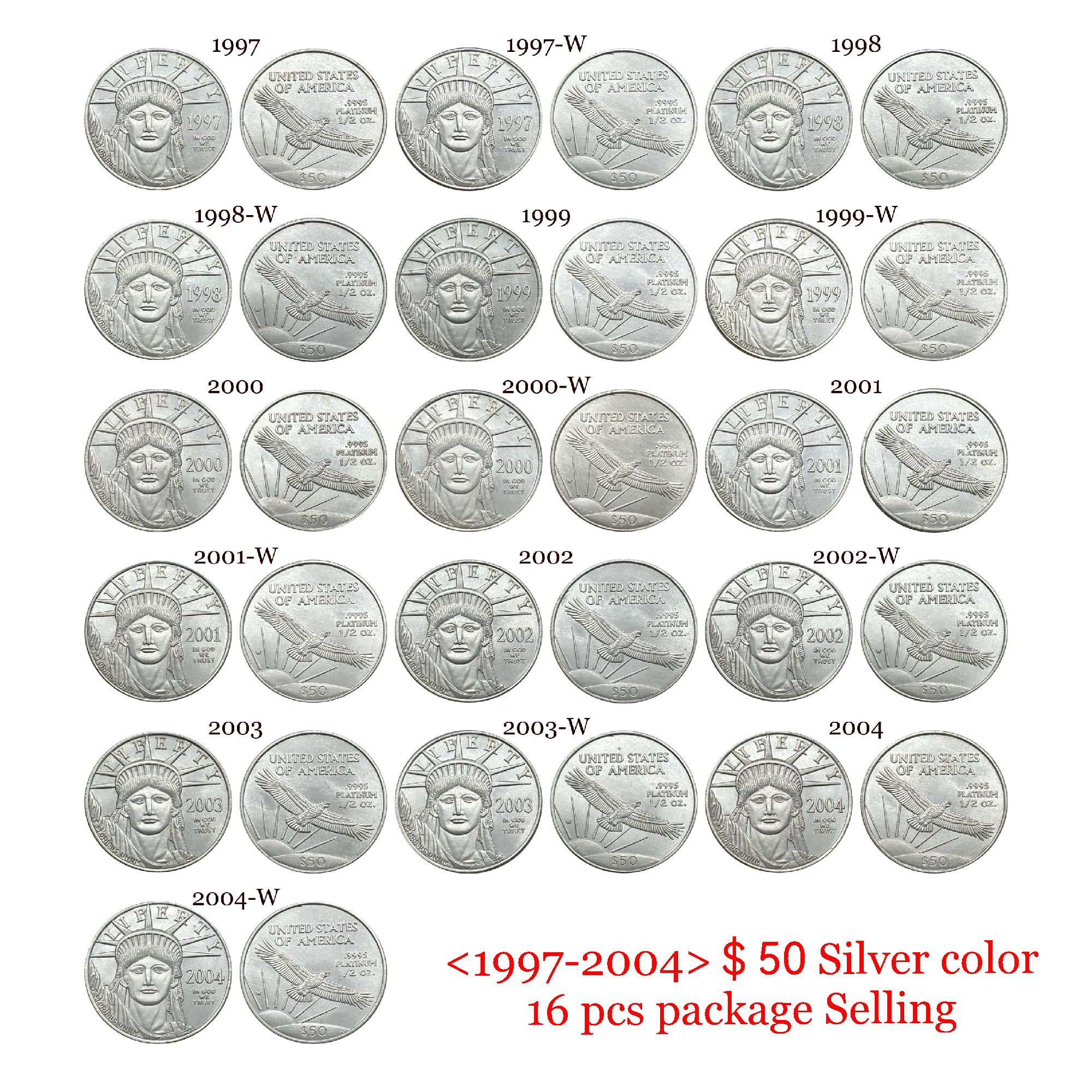 United States 1997-2004 16 Pcs Package Sell Liberty 50 Dollars American Platinum Eagle US Silver Plated Replica Coin Commemorative Medal,Historical Collectible Art Craft For Enthusiasts