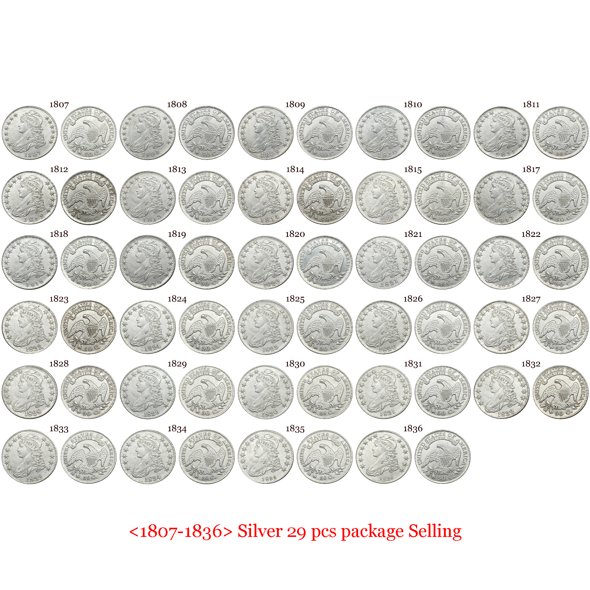 US 1807-1836 29 Pcs Package Sell United States 50 Cents ½ Half Dollar Liberty Capped Bust Silver Plated Metal Replica Coin Commemorative Medal,Historical Collectible Art Craft For Enthusiasts