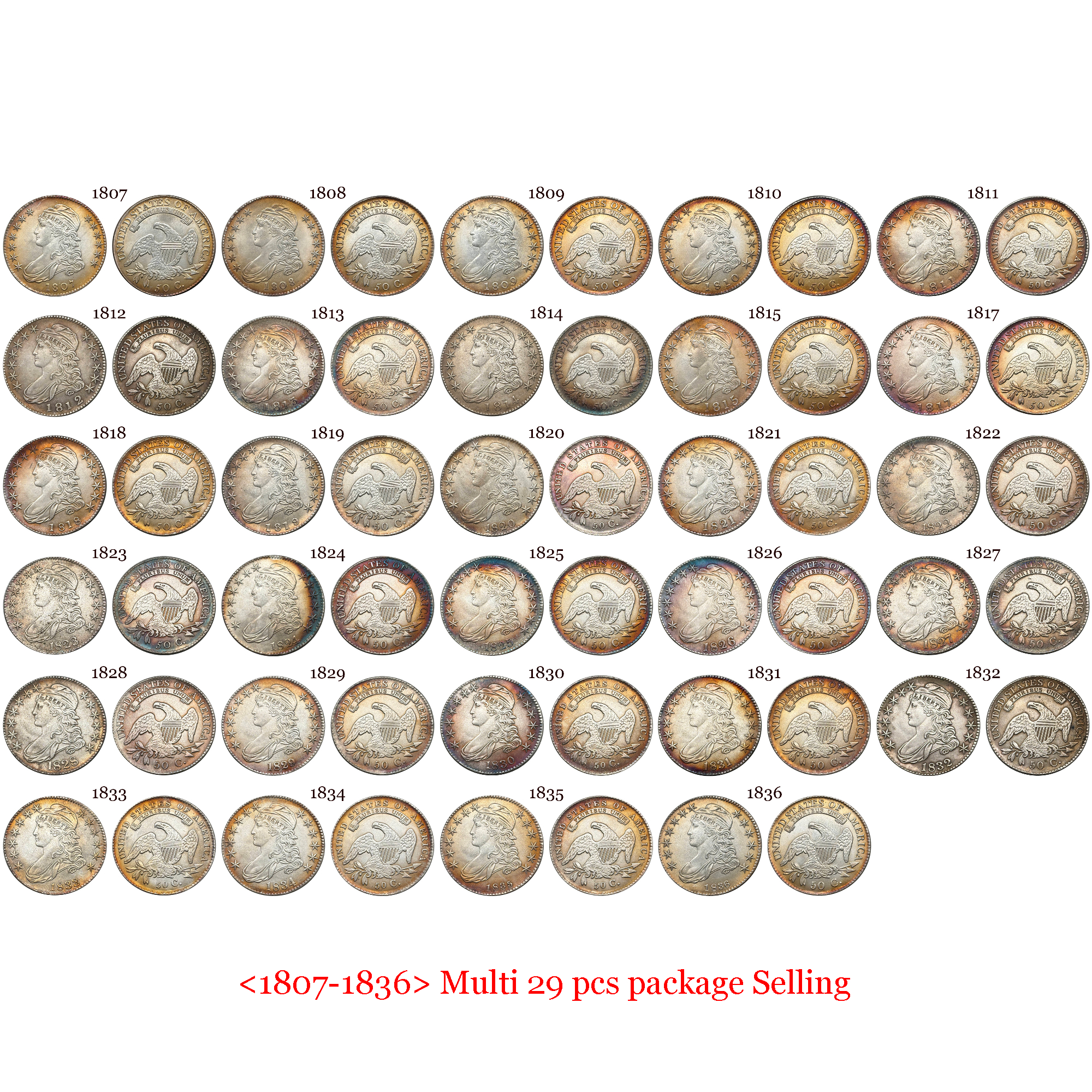 US 1807-1836 29 Pcs Package Sell United States 50 Cents ½ Half Dollar Liberty Capped Bust Silver Plated Metal Replica Coin Commemorative Medal,Historical Collectible Art Craft For Enthusiasts