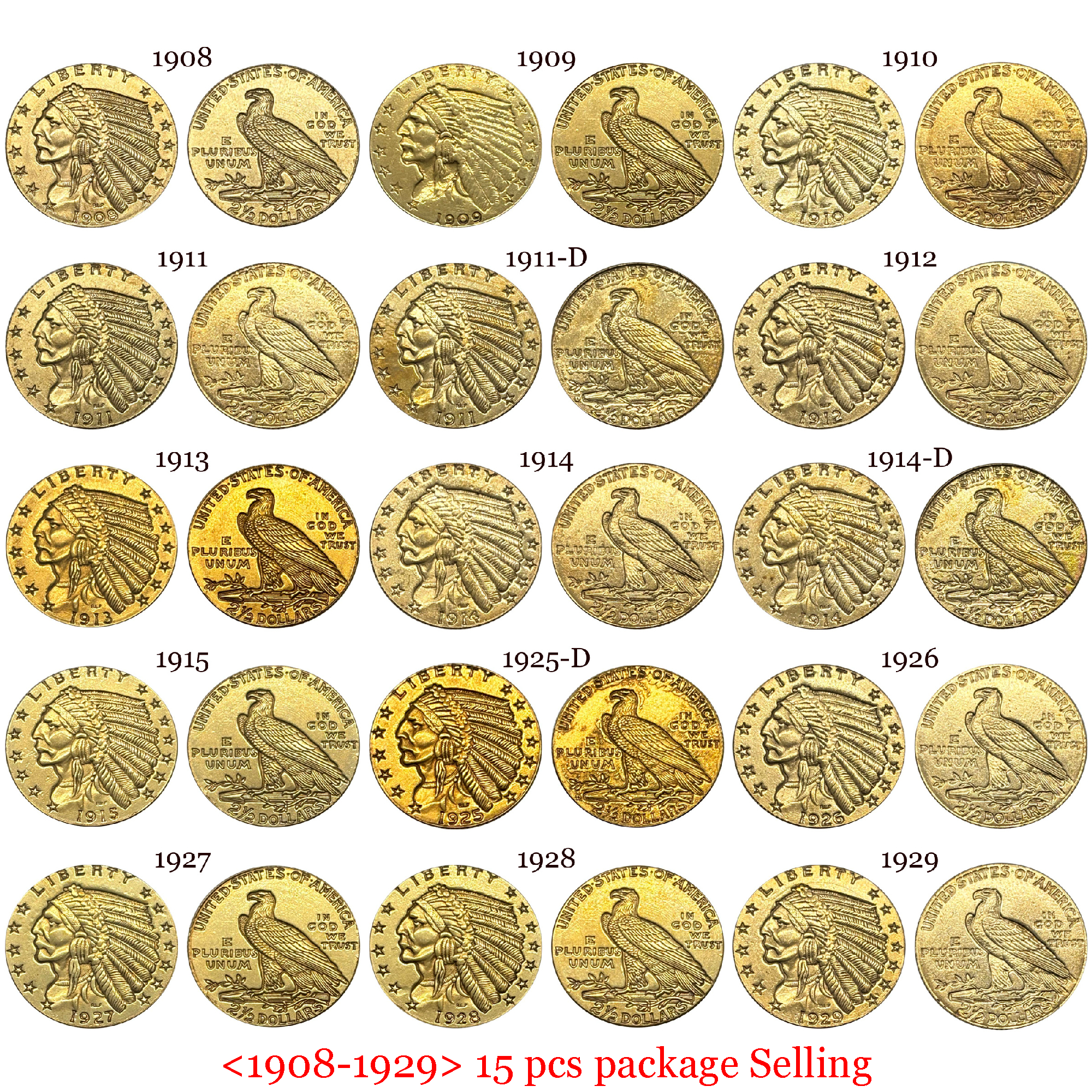 United States 1908 - 1929 15 Pcs Pack Sell 2.5 2½ Dollars USA Liberty Eagle US Brass Replica Coin Commemorative Medal,Historical Collectible Art Craft For Enthusiasts