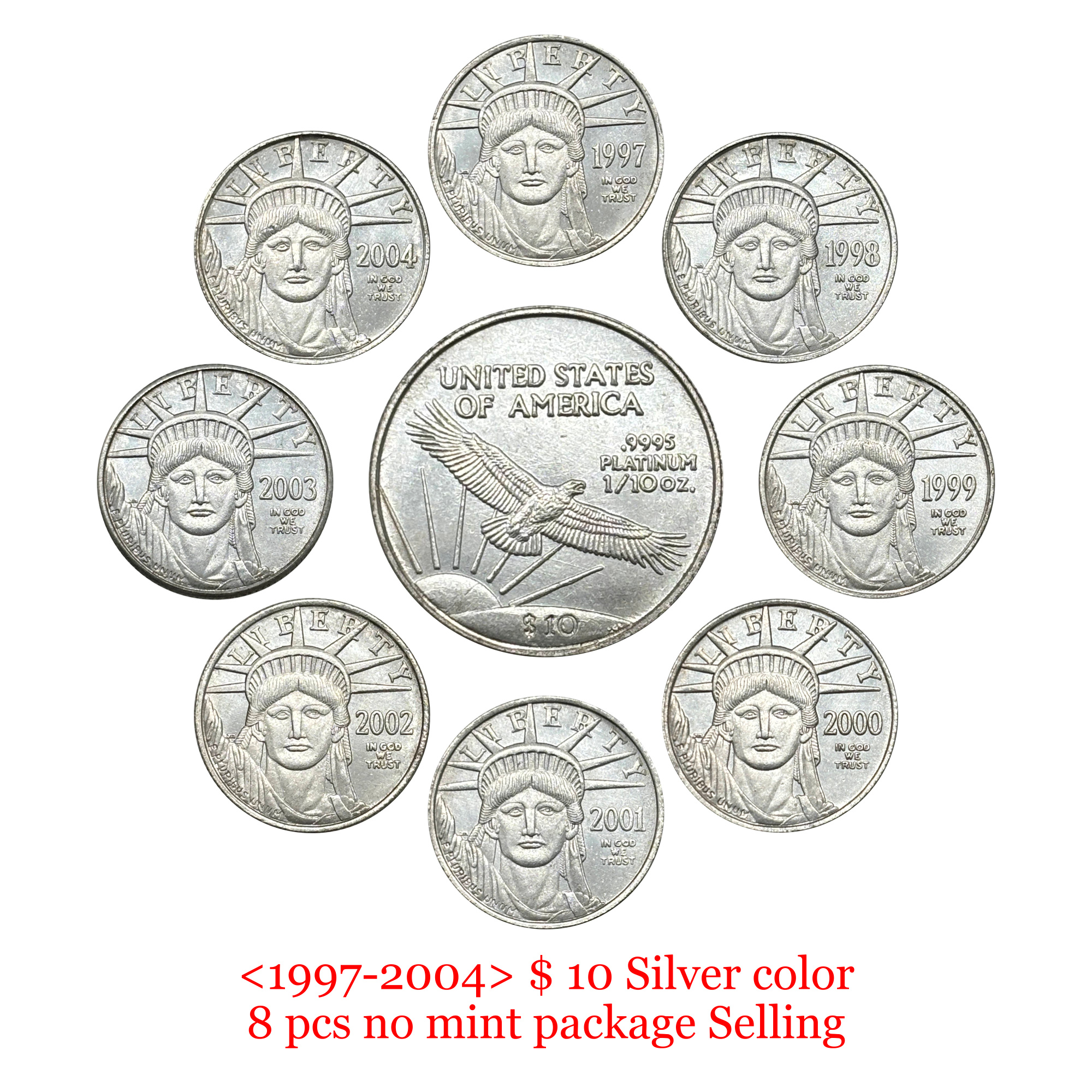 United States 1997-2004 16 Pcs 1997-2004 8 Pcs 1997-2004 8 Pcs Package Sell Liberty 10 Dollars American Platinum Eagle US Silver Plated Replica Coin Commemorative Medal,Historical Collectible Art Craft For Enthusiasts