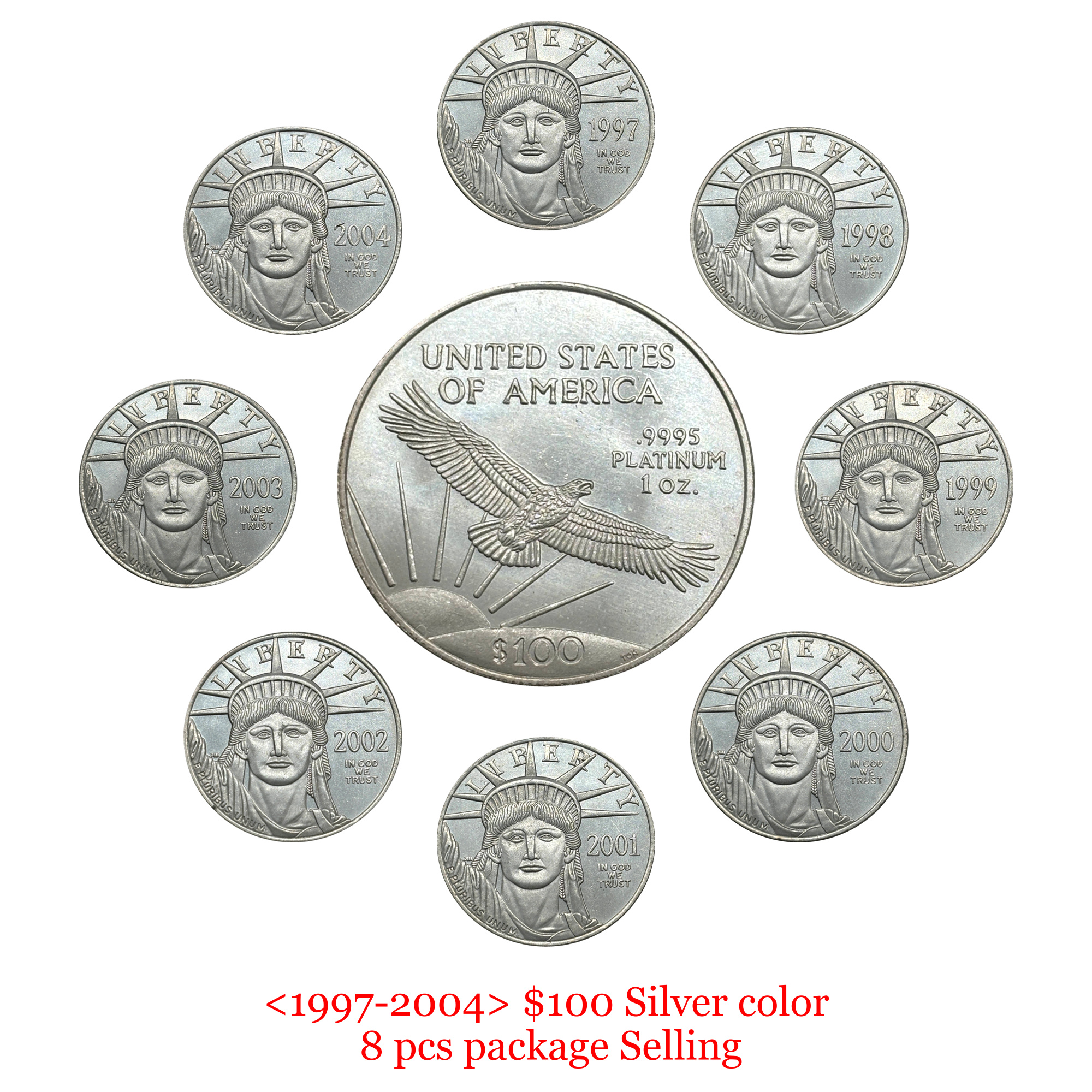 United States 1997-2004 16 Pcs 1997-2004 8 Pcs 1997-2004 W 8 Pcs Liberty 100 Dollars American Platinum Eagle US Silver Plated Replica Coin Commemorative Medal,Historical Collectible Art Craft For Enthusiasts