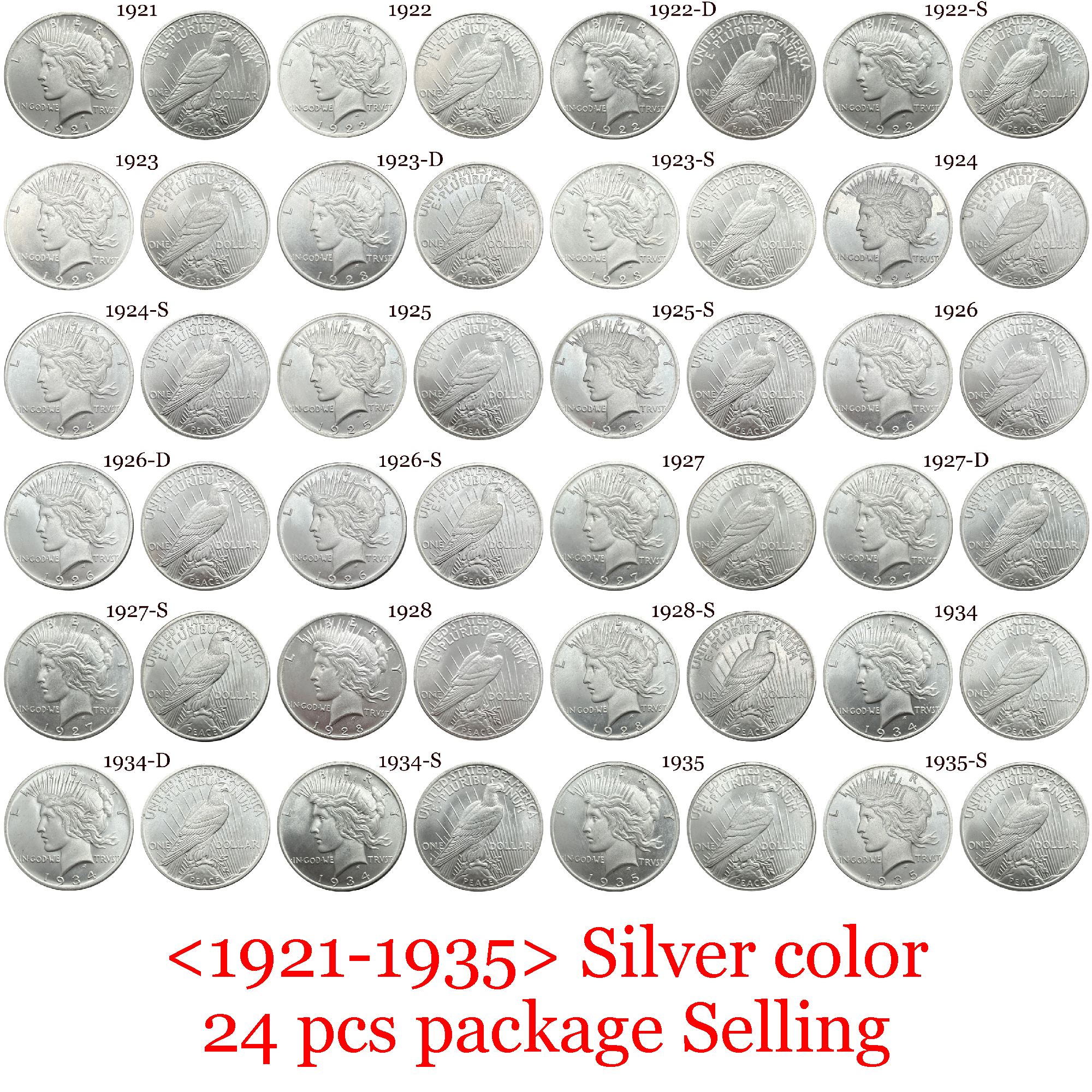 United States America US 1921- 1935 24 Pcs 1921-1935  No Mint 10 Pcs 1921-1935 D 5 Pcs 1921-1935 S 9 Pcs Sell 1 One Peace Dollar Liberty Silver Plated Replica Coin Commemorative Medal,Historical Collectible Art Craft For Enthusiasts