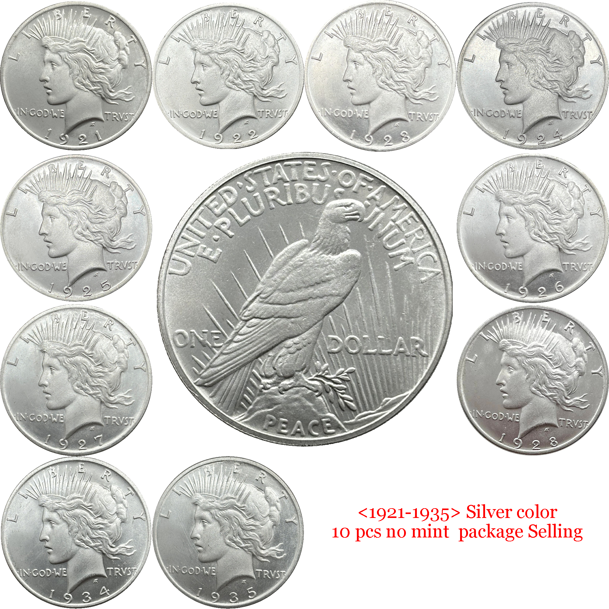 United States America US 1921- 1935 24 Pcs 1921-1935  No Mint 10 Pcs 1921-1935 D 5 Pcs 1921-1935 S 9 Pcs Sell 1 One Peace Dollar Liberty Silver Plated Replica Coin Commemorative Medal,Historical Collectible Art Craft For Enthusiasts