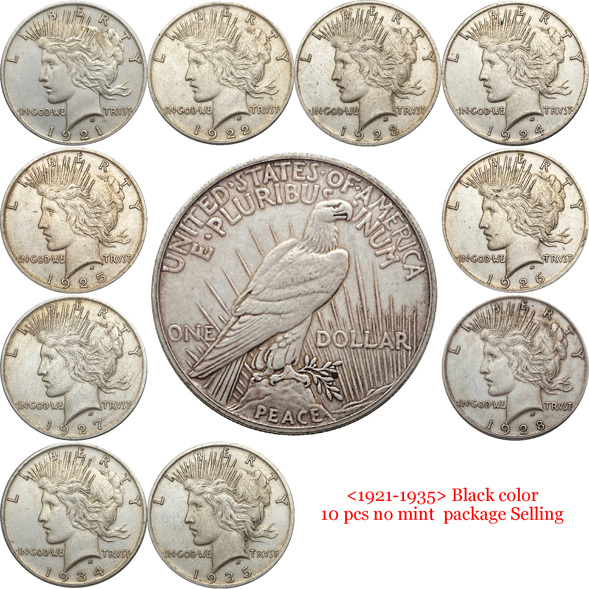United States America US 1921- 1935 24 Pcs 1921-1935  No Mint 10 Pcs 1921-1935 D 5 Pcs 1921-1935 S 9 Pcs Sell 1 One Peace Dollar Liberty Silver Plated Replica Coin Commemorative Medal,Historical Collectible Art Craft For Enthusiasts