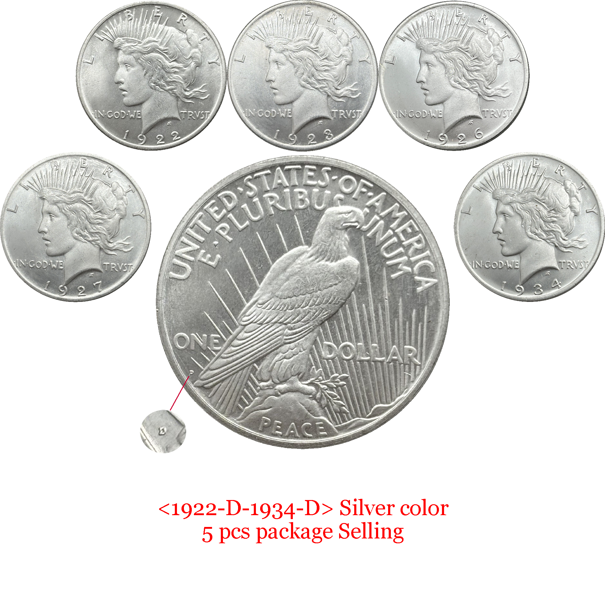 United States America US 1921- 1935 24 Pcs 1921-1935  No Mint 10 Pcs 1921-1935 D 5 Pcs 1921-1935 S 9 Pcs Sell 1 One Peace Dollar Liberty Silver Plated Replica Coin Commemorative Medal,Historical Collectible Art Craft For Enthusiasts