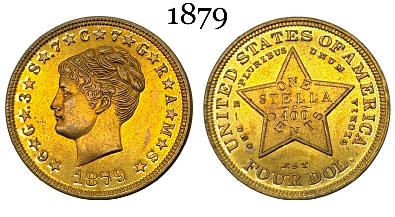 United States of America 1879 1881 4 Dollars Head of Liberty One Stella 400 Cents US Brass Metal Replica Coin Commemorative Medal,Historical Collectible Art Craft For Enthusiasts