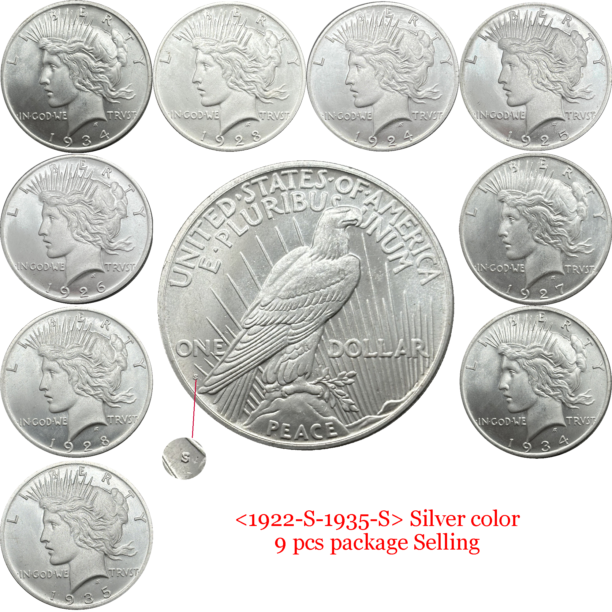 United States America US 1921- 1935 24 Pcs 1921-1935  No Mint 10 Pcs 1921-1935 D 5 Pcs 1921-1935 S 9 Pcs Sell 1 One Peace Dollar Liberty Silver Plated Replica Coin Commemorative Medal,Historical Collectible Art Craft For Enthusiasts