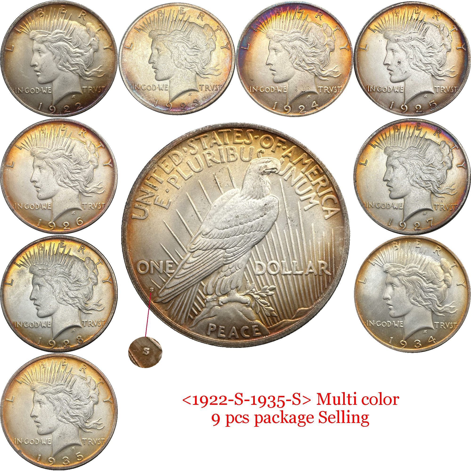 United States America US 1921- 1935 24 Pcs 1921-1935  No Mint 10 Pcs 1921-1935 D 5 Pcs 1921-1935 S 9 Pcs Sell 1 One Peace Dollar Liberty Silver Plated Replica Coin Commemorative Medal,Historical Collectible Art Craft For Enthusiasts