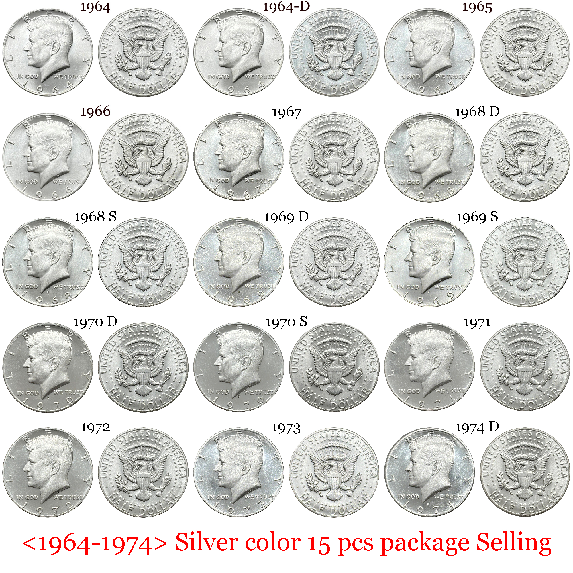 US 1964-1974 15 Pcs United States ½ Kennedy Half Dollar Liberty Silver Plated Replica Coin Commemorative Medal,Historical Collectible Art Craft For Enthusiasts