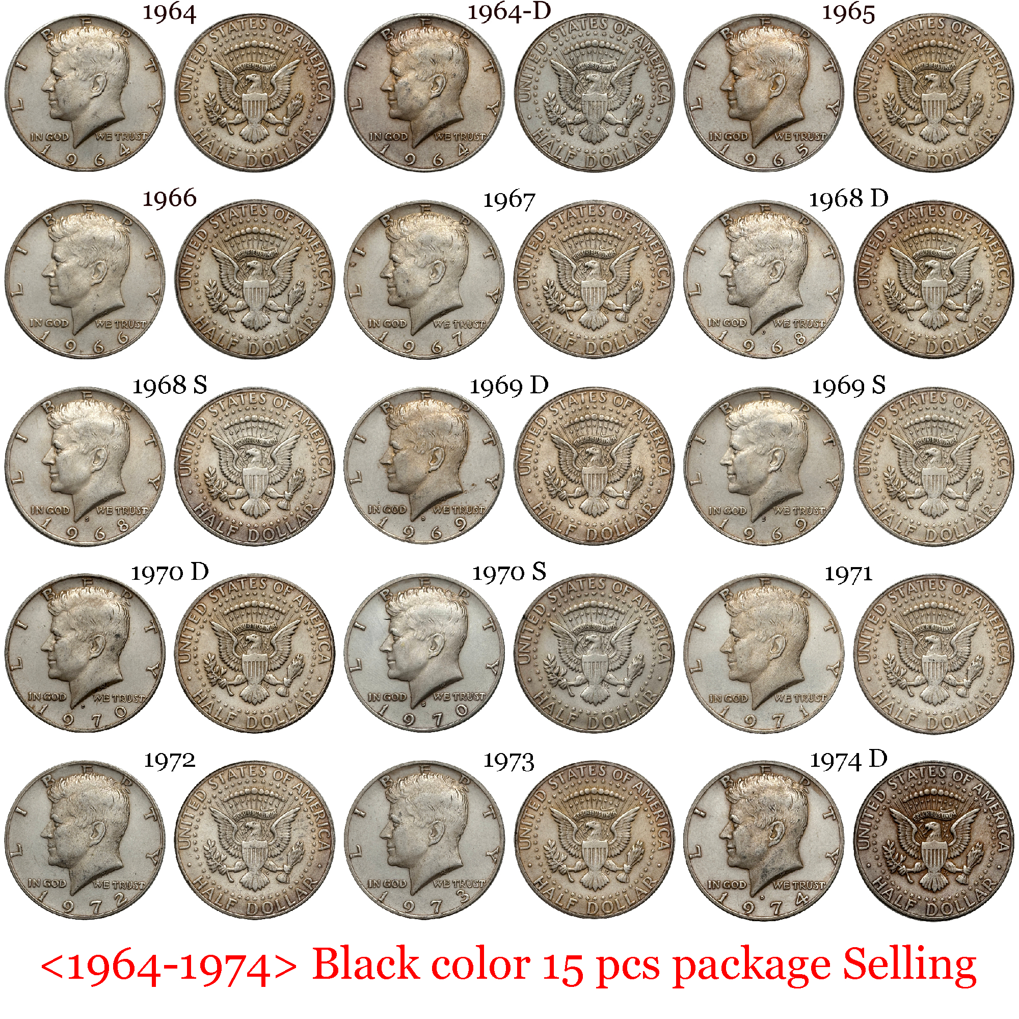 US 1964-1974 15 Pcs United States ½ Kennedy Half Dollar Liberty Silver Plated Replica Coin Commemorative Medal,Historical Collectible Art Craft For Enthusiasts