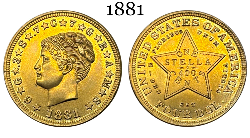 United States of America 1879 1881 4 Dollars Head of Liberty One Stella 400 Cents US Brass Metal Replica Coin Commemorative Medal,Historical Collectible Art Craft For Enthusiasts