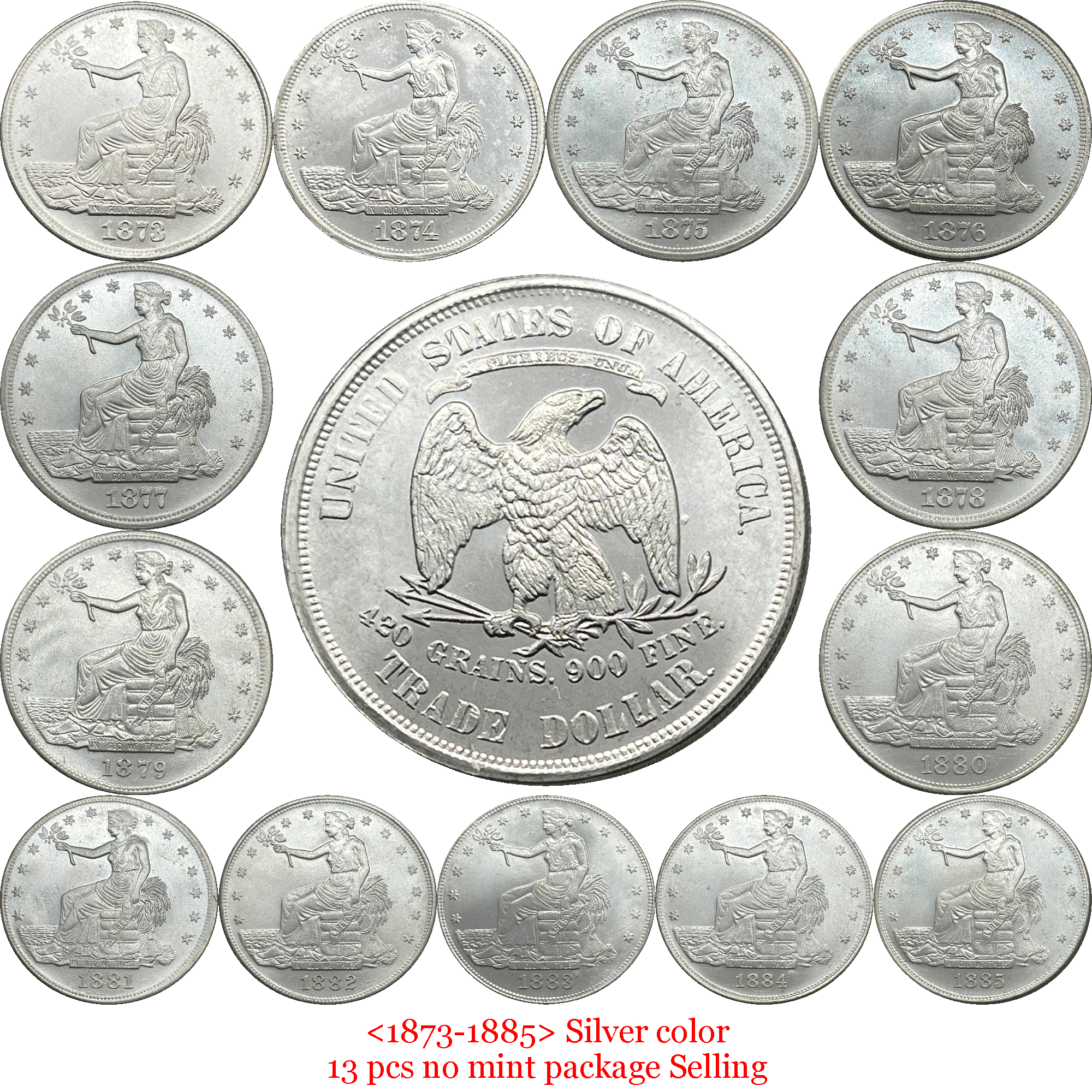 US 1873 - 1885 25 Pcs 1873-1885 No Mint 13 Pcs 1873-1885 CC 6 Pcs 1873-1885 S 6 Pcs Sell United States America 1 One Trade Dollar Liberty Silver Plated Replica Coin Commemorative Medal,Historical Collectible Art Craft For Enthusiasts