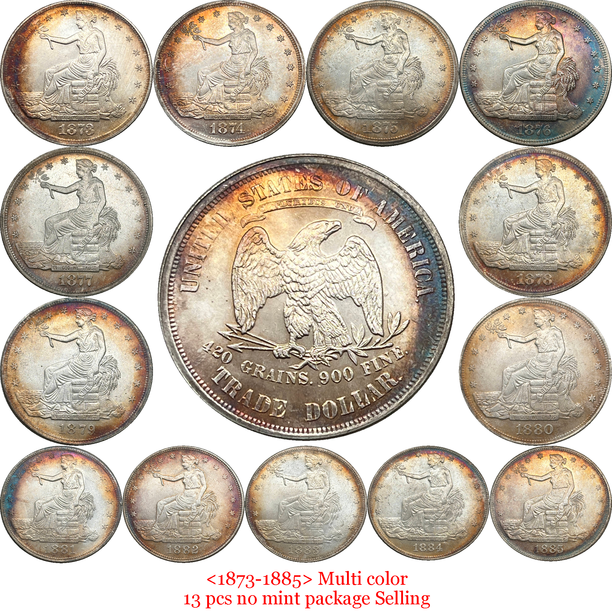 US 1873 - 1885 25 Pcs 1873-1885 No Mint 13 Pcs 1873-1885 CC 6 Pcs 1873-1885 S 6 Pcs Sell United States America 1 One Trade Dollar Liberty Silver Plated Replica Coin Commemorative Medal,Historical Collectible Art Craft For Enthusiasts