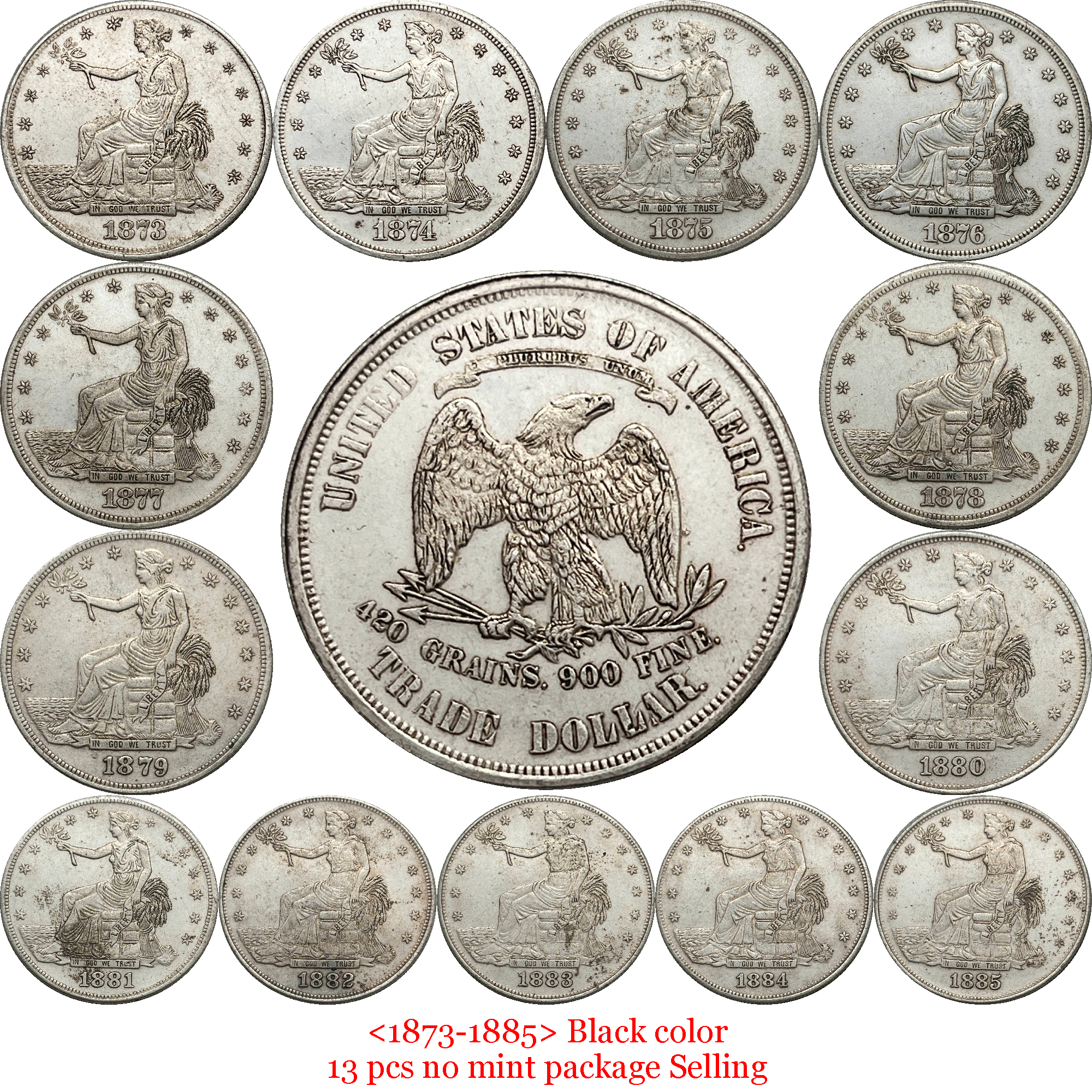 US 1873 - 1885 25 Pcs 1873-1885 No Mint 13 Pcs 1873-1885 CC 6 Pcs 1873-1885 S 6 Pcs Sell United States America 1 One Trade Dollar Liberty Silver Plated Replica Coin Commemorative Medal,Historical Collectible Art Craft For Enthusiasts