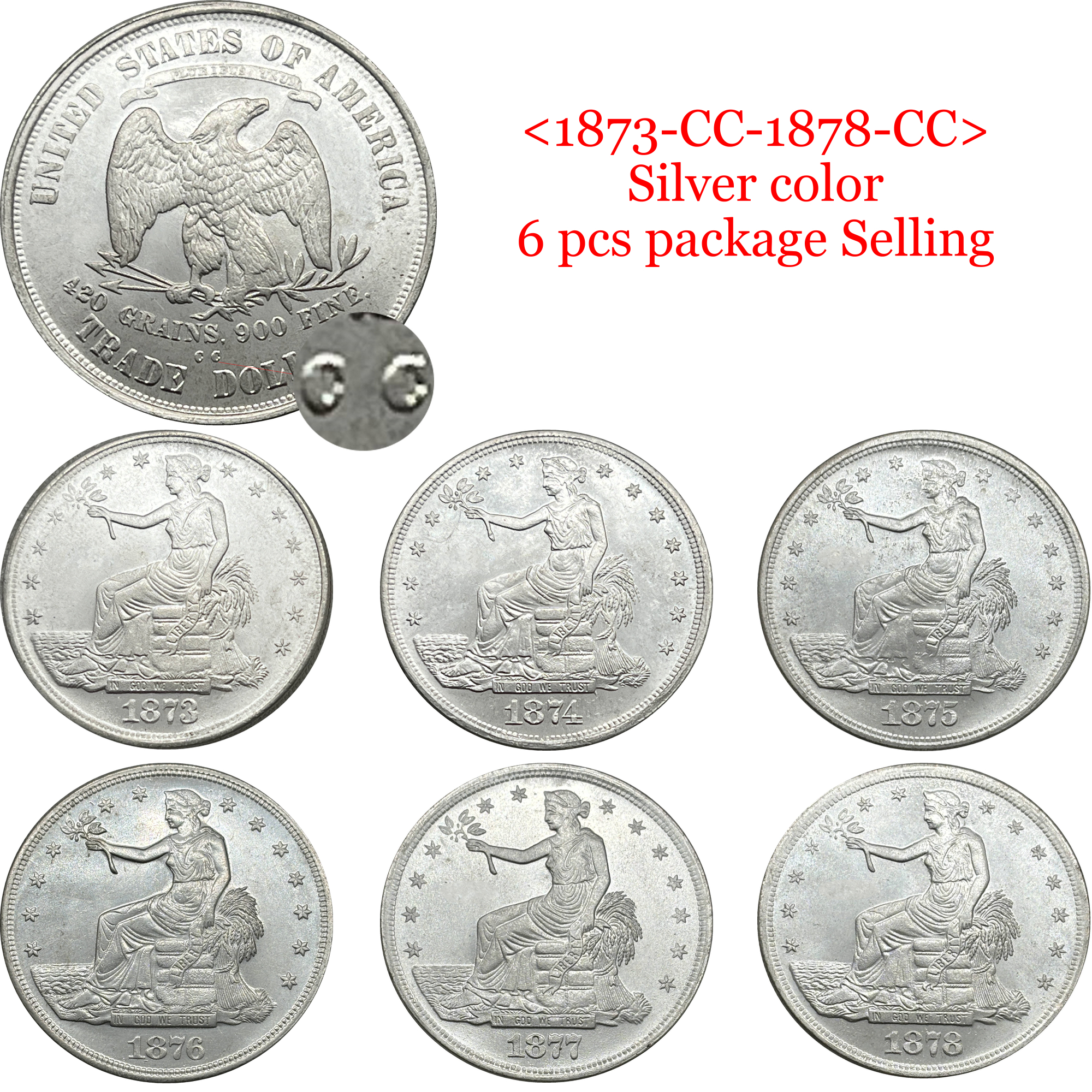 US 1873 - 1885 25 Pcs 1873-1885 No Mint 13 Pcs 1873-1885 CC 6 Pcs 1873-1885 S 6 Pcs Sell United States America 1 One Trade Dollar Liberty Silver Plated Replica Coin Commemorative Medal,Historical Collectible Art Craft For Enthusiasts