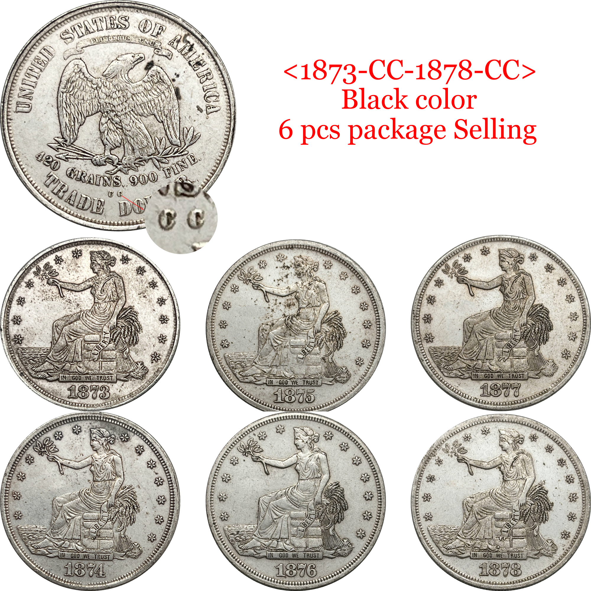 US 1873 - 1885 25 Pcs 1873-1885 No Mint 13 Pcs 1873-1885 CC 6 Pcs 1873-1885 S 6 Pcs Sell United States America 1 One Trade Dollar Liberty Silver Plated Replica Coin Commemorative Medal,Historical Collectible Art Craft For Enthusiasts