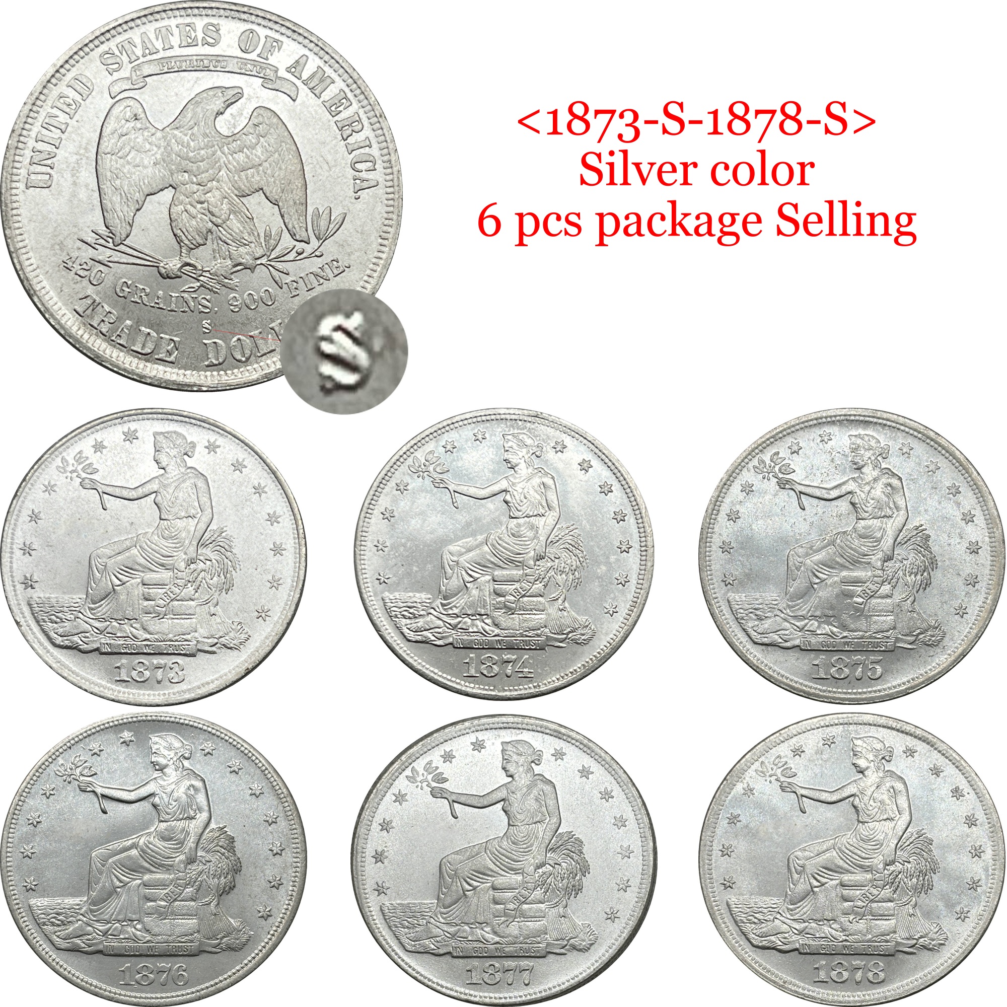 US 1873 - 1885 25 Pcs 1873-1885 No Mint 13 Pcs 1873-1885 CC 6 Pcs 1873-1885 S 6 Pcs Sell United States America 1 One Trade Dollar Liberty Silver Plated Replica Coin Commemorative Medal,Historical Collectible Art Craft For Enthusiasts