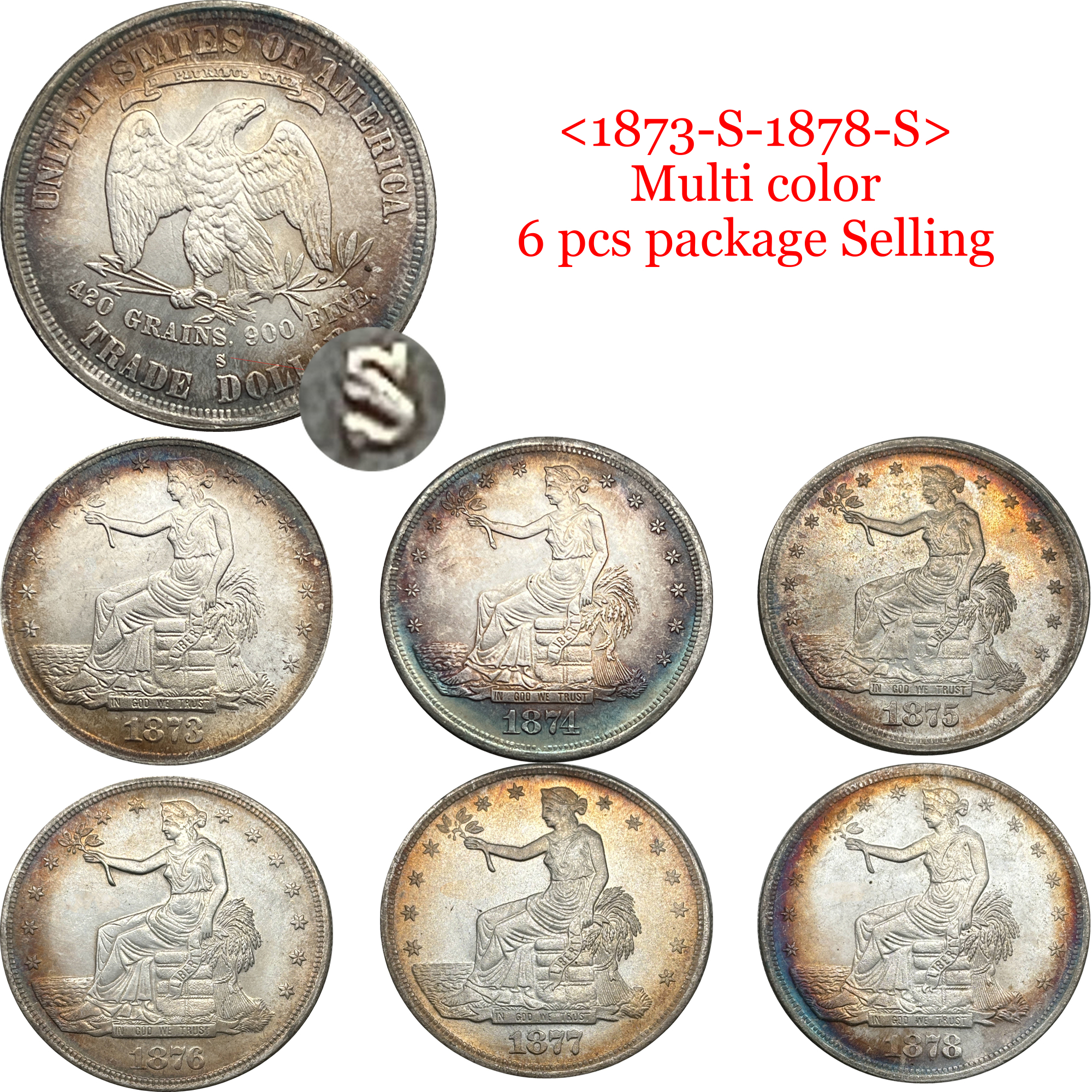 US 1873 - 1885 25 Pcs 1873-1885 No Mint 13 Pcs 1873-1885 CC 6 Pcs 1873-1885 S 6 Pcs Sell United States America 1 One Trade Dollar Liberty Silver Plated Replica Coin Commemorative Medal,Historical Collectible Art Craft For Enthusiasts
