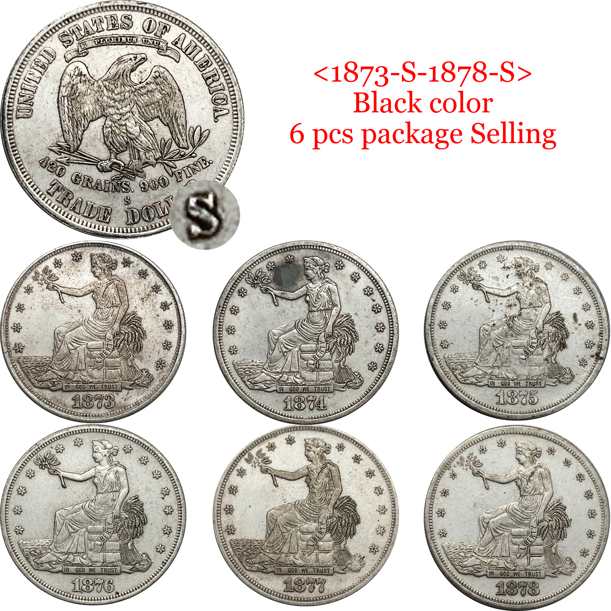 US 1873 - 1885 25 Pcs 1873-1885 No Mint 13 Pcs 1873-1885 CC 6 Pcs 1873-1885 S 6 Pcs Sell United States America 1 One Trade Dollar Liberty Silver Plated Replica Coin Commemorative Medal,Historical Collectible Art Craft For Enthusiasts