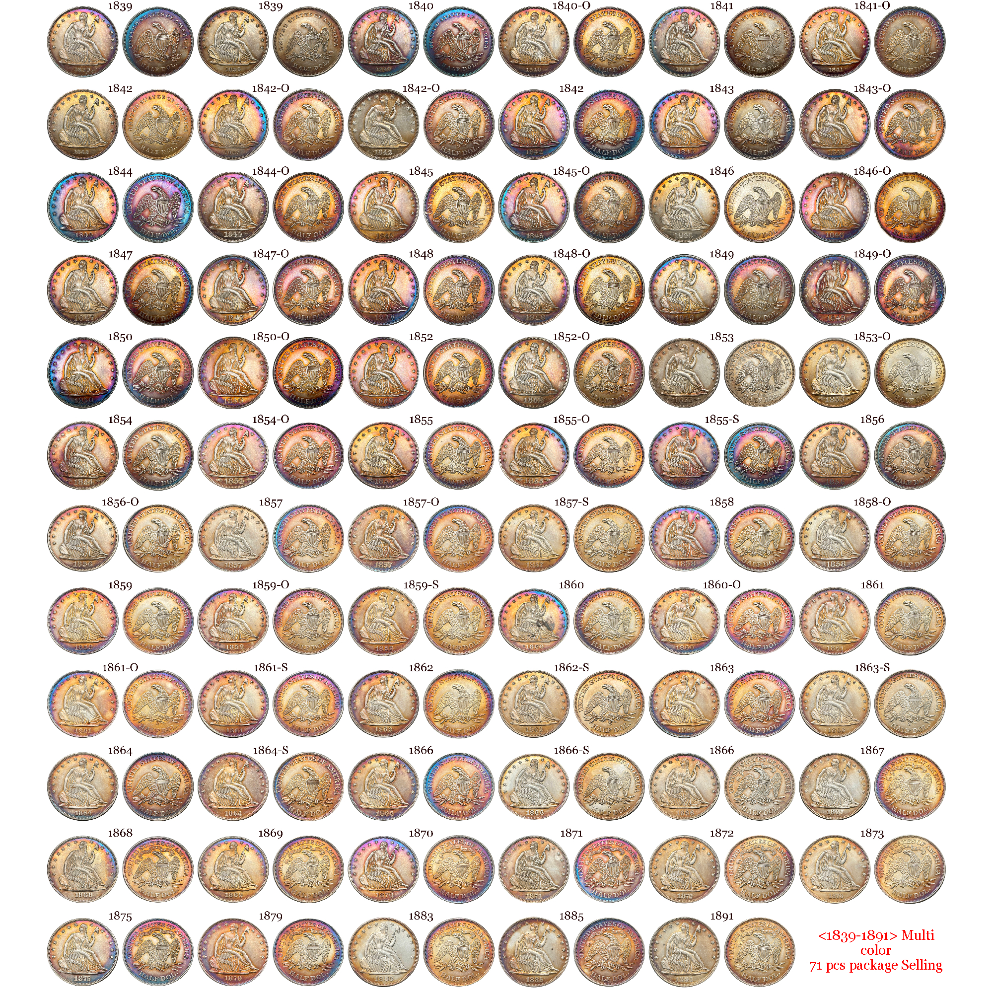 US 1839 -1891 Full Set Seated Liberty 1/2 Half Dollar America United States Replica Coin Commemorative Medal,Historical Collectible Art Craft For Enthusiasts