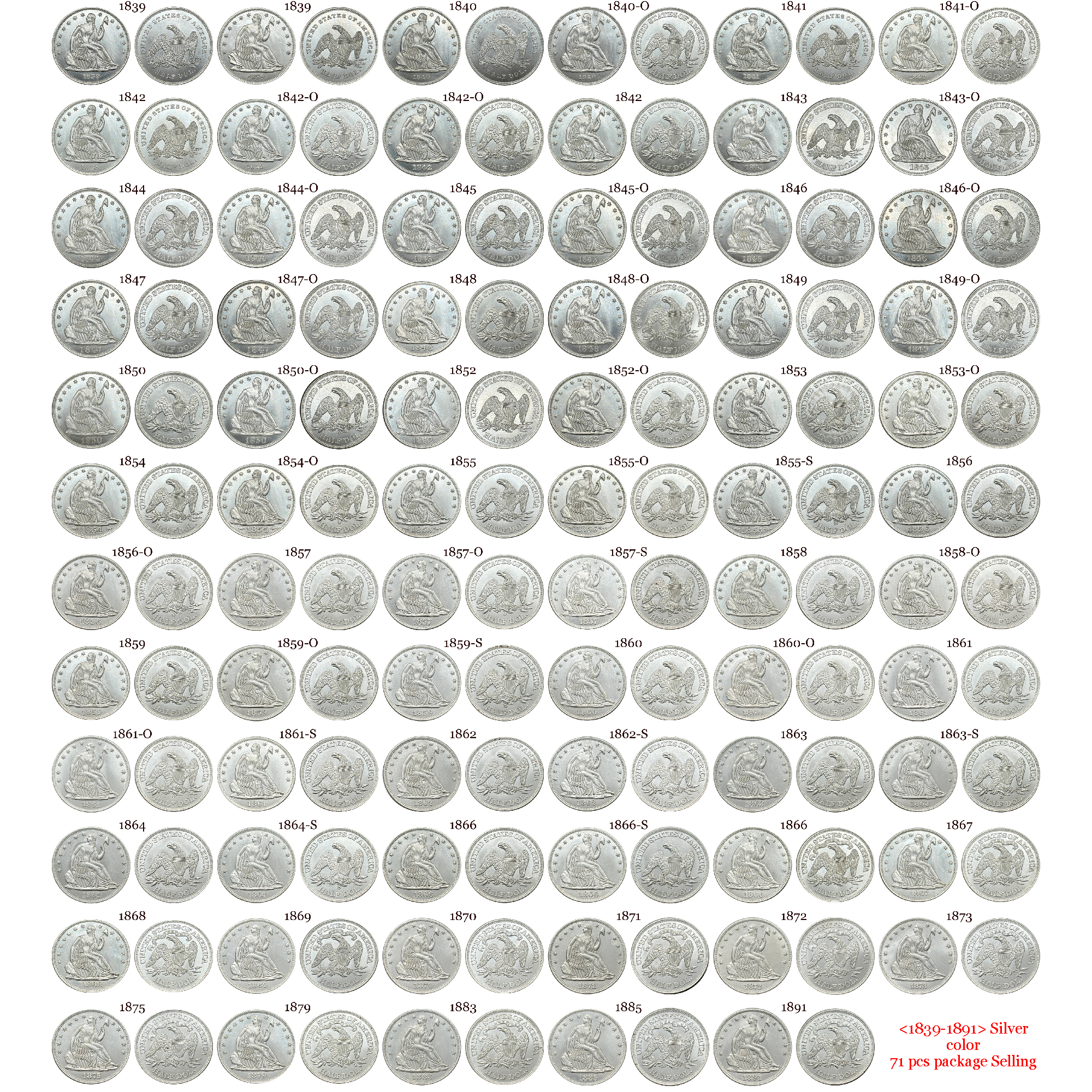 US 1839 -1891 Full Set Seated Liberty 1/2 Half Dollar America United States Replica Coin Commemorative Medal,Historical Collectible Art Craft For Enthusiasts