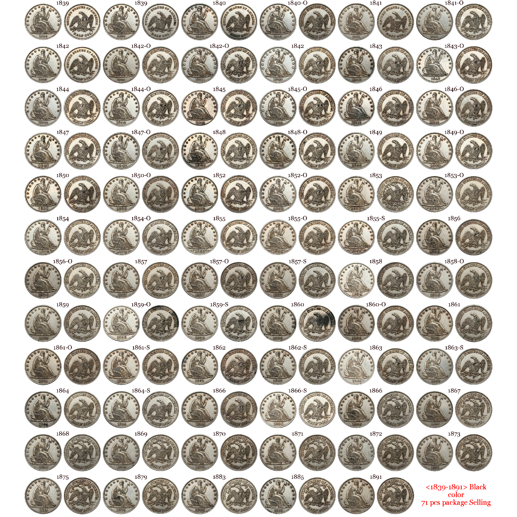 US 1839 -1891 Full Set Seated Liberty 1/2 Half Dollar America United States Replica Coin Commemorative Medal,Historical Collectible Art Craft For Enthusiasts