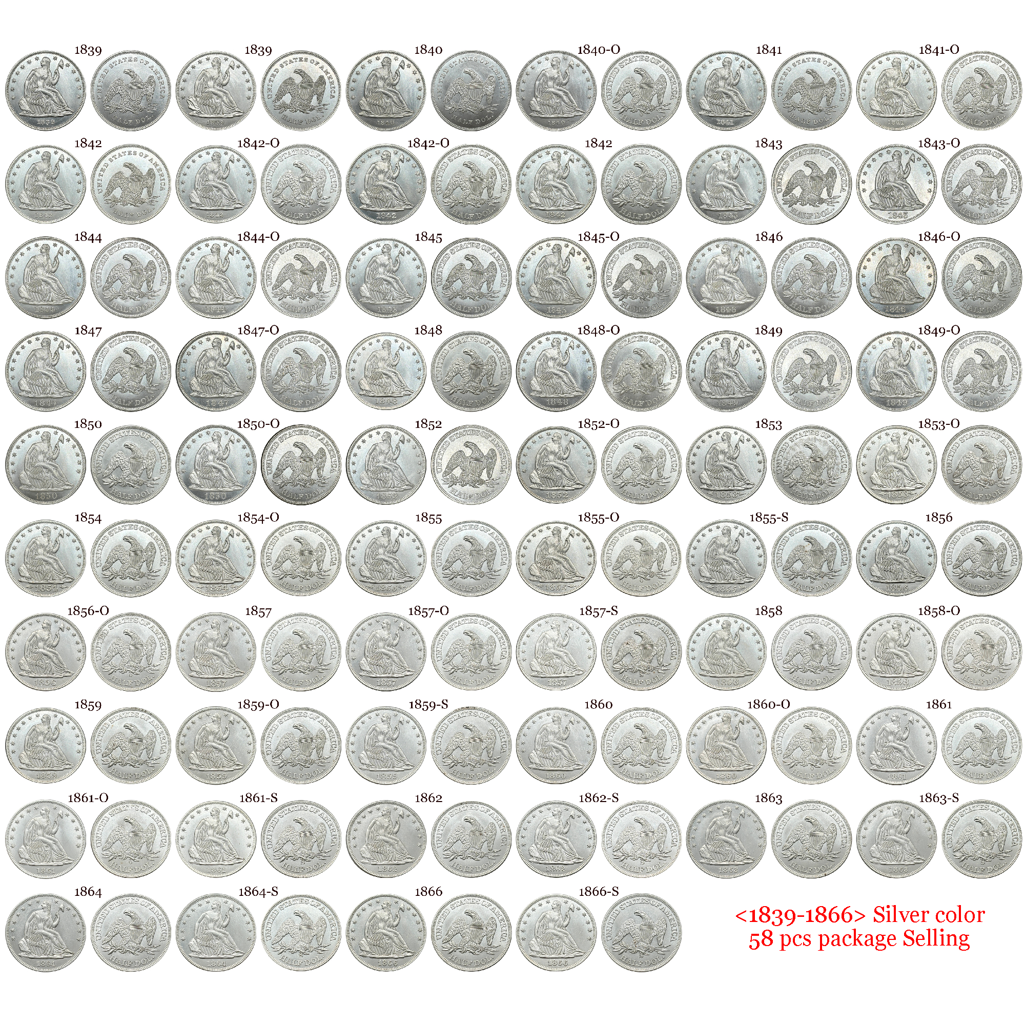 US 1839 -1891 Full Set Seated Liberty 1/2 Half Dollar America United States Replica Coin Commemorative Medal,Historical Collectible Art Craft For Enthusiasts