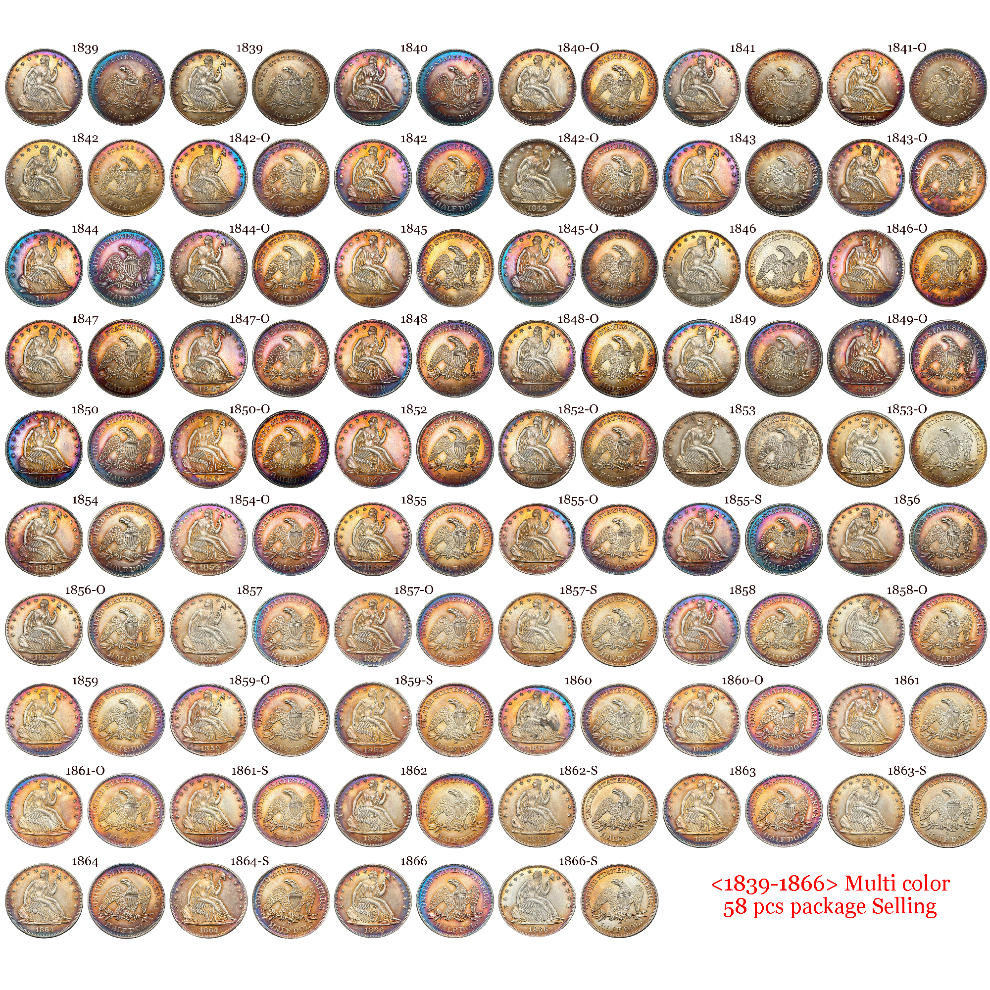 US 1839 -1891 Full Set Seated Liberty 1/2 Half Dollar America United States Replica Coin Commemorative Medal,Historical Collectible Art Craft For Enthusiasts