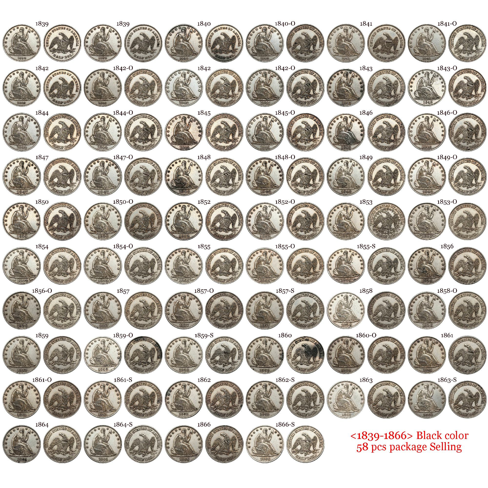 US 1839 -1891 Full Set Seated Liberty 1/2 Half Dollar America United States Replica Coin Commemorative Medal,Historical Collectible Art Craft For Enthusiasts
