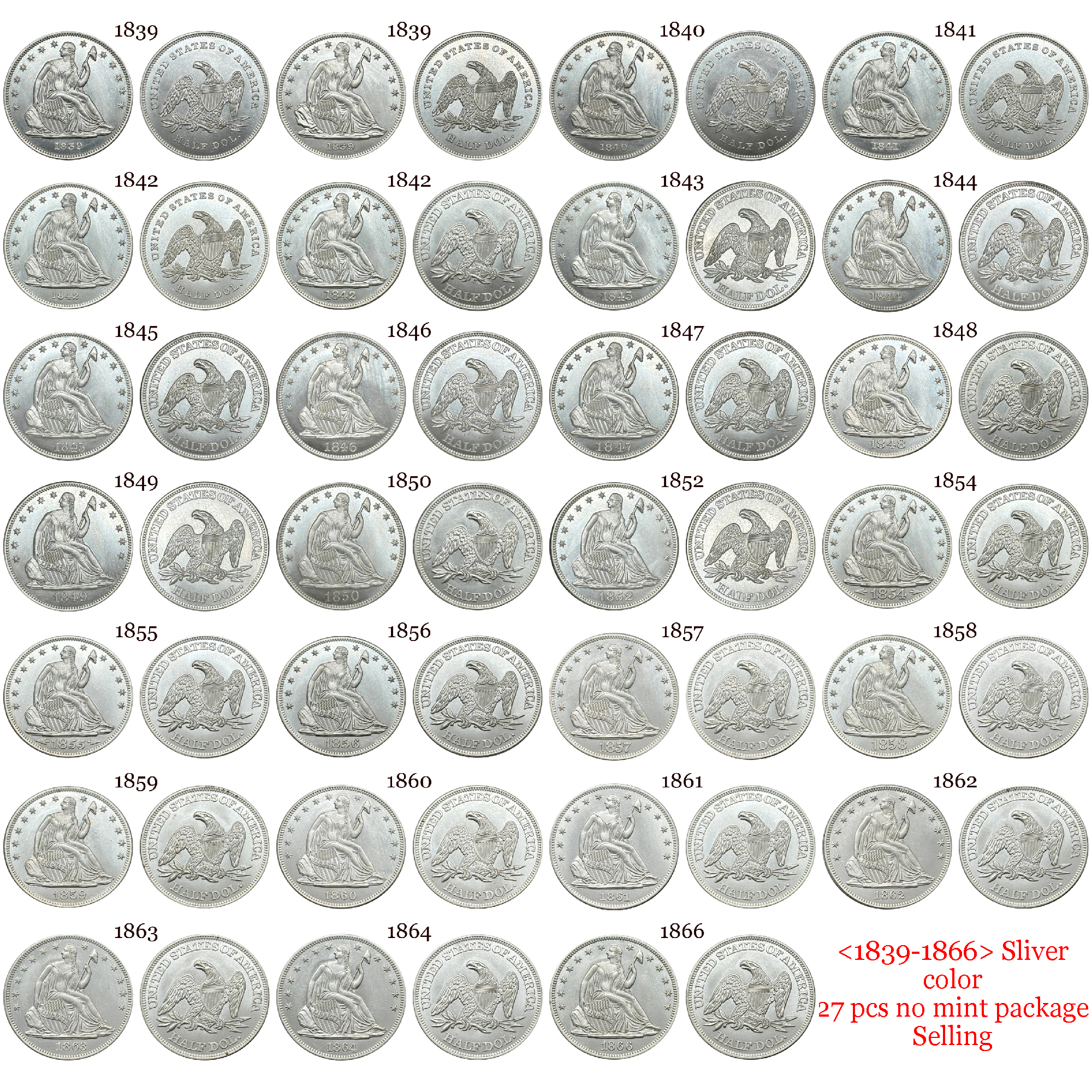 US 1839 -1891 Full Set Seated Liberty 1/2 Half Dollar America United States Replica Coin Commemorative Medal,Historical Collectible Art Craft For Enthusiasts