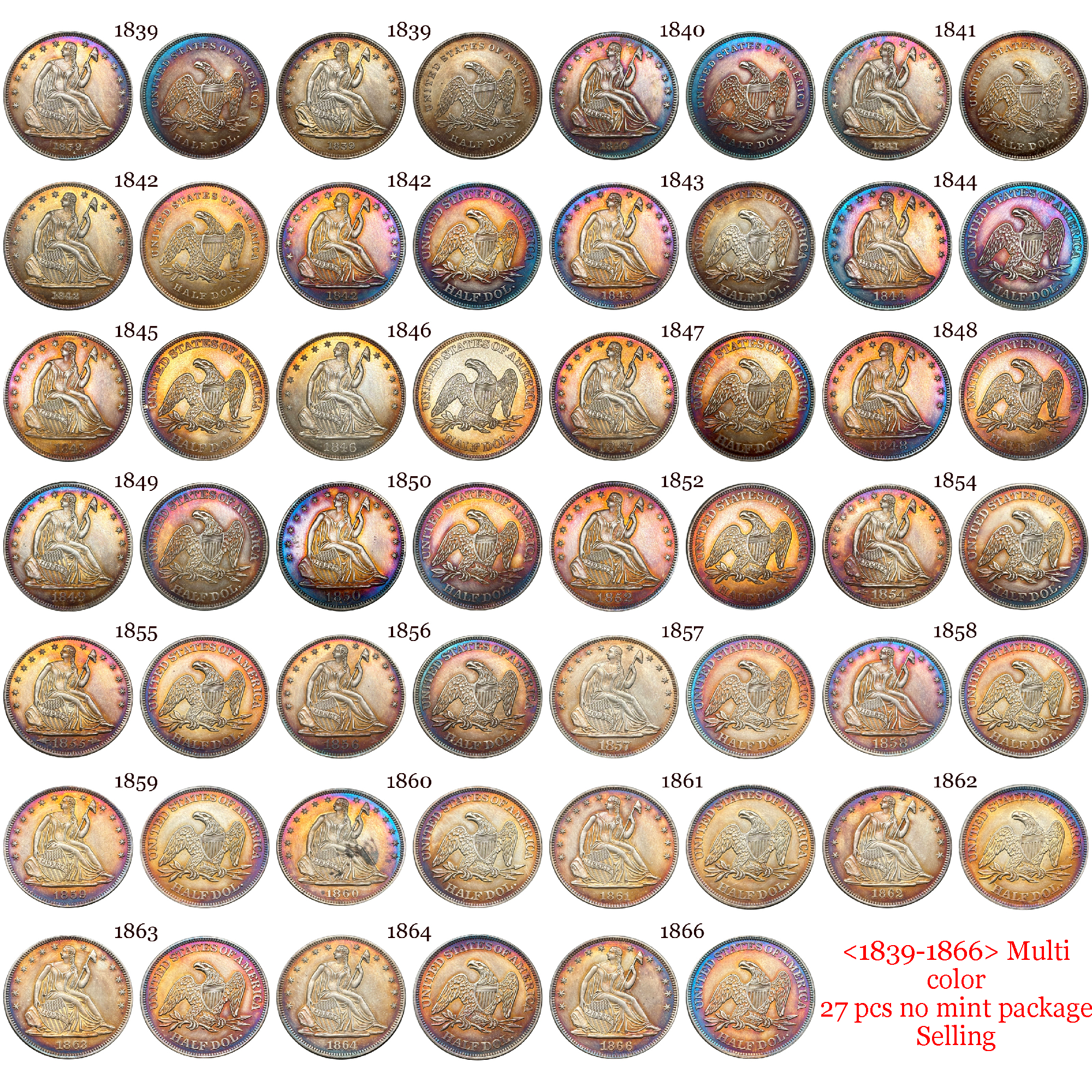 US 1839 -1891 Full Set Seated Liberty 1/2 Half Dollar America United States Replica Coin Commemorative Medal,Historical Collectible Art Craft For Enthusiasts