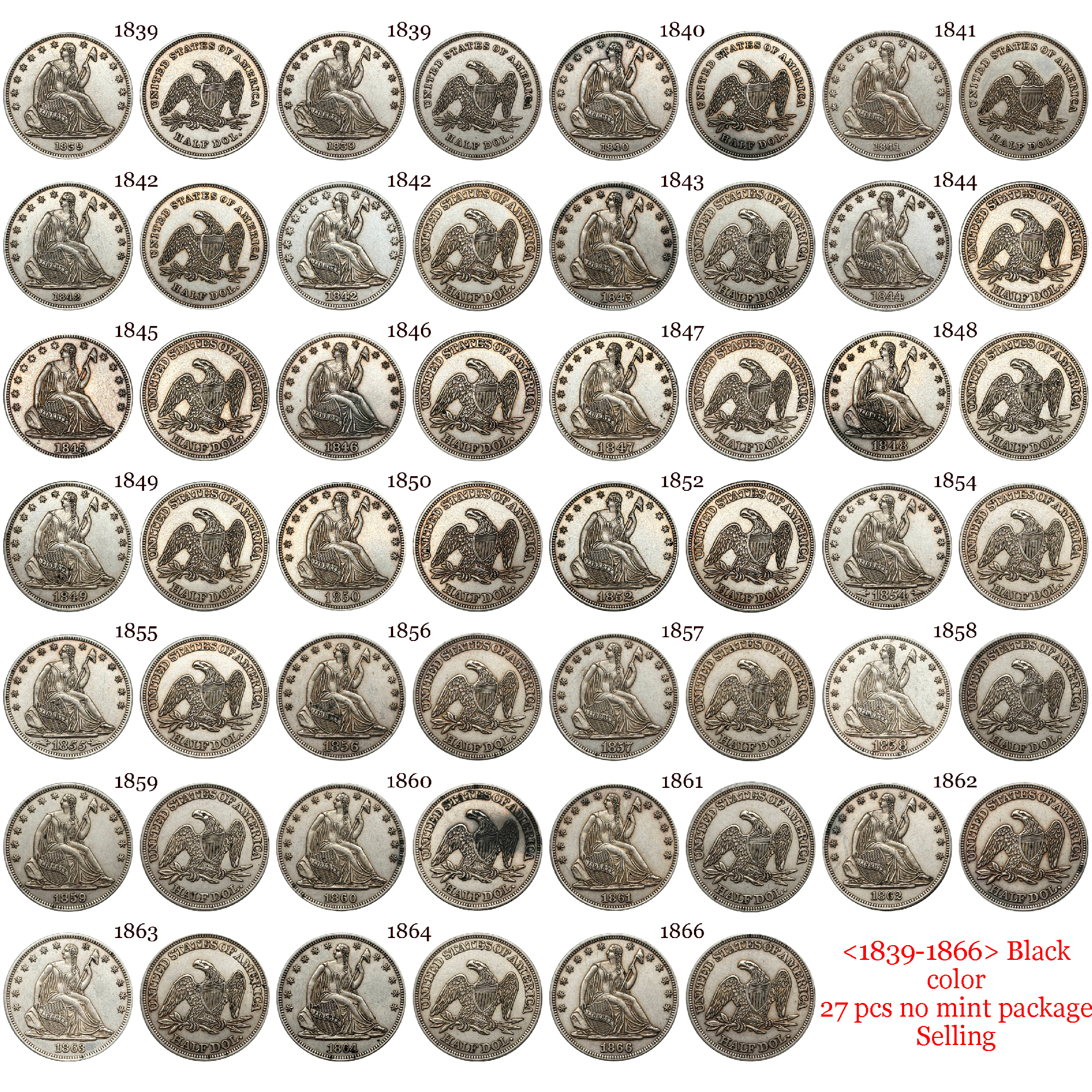 US 1839 -1891 Full Set Seated Liberty 1/2 Half Dollar America United States Replica Coin Commemorative Medal,Historical Collectible Art Craft For Enthusiasts