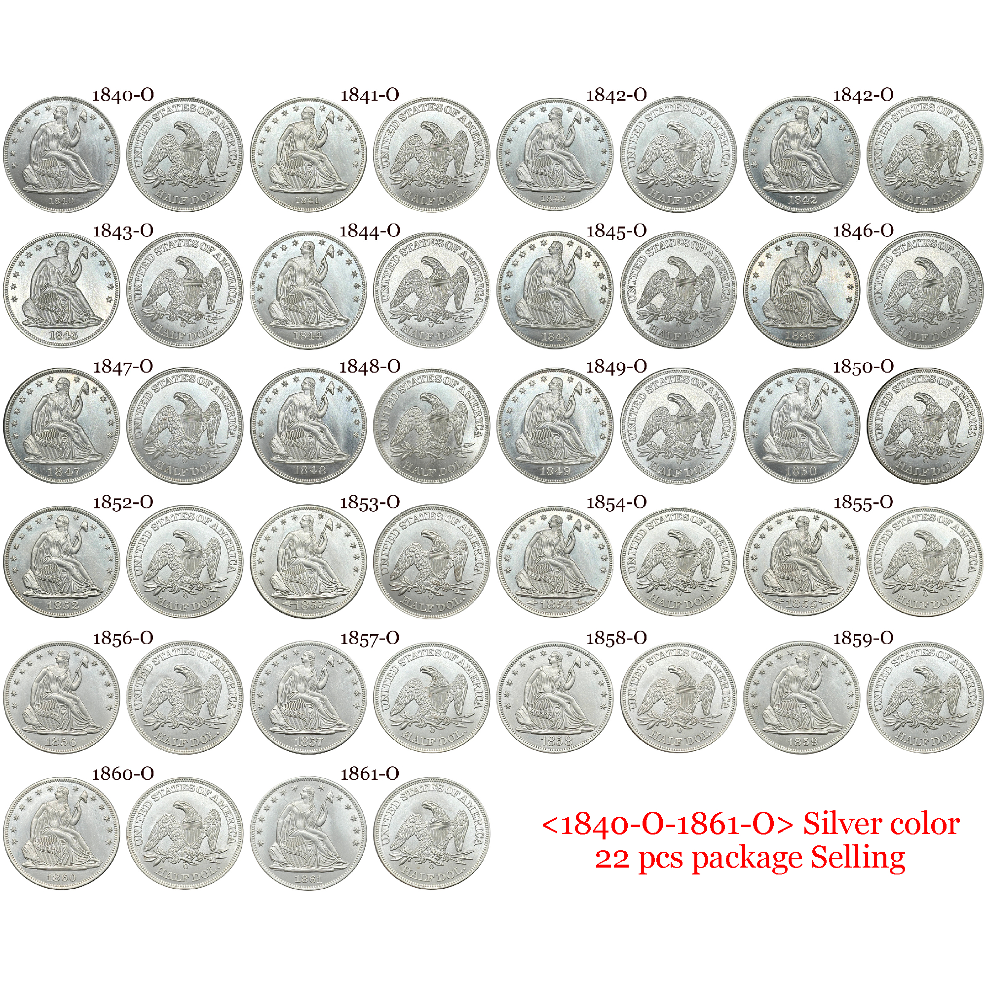 US 1839 -1891 Full Set Seated Liberty 1/2 Half Dollar America United States Replica Coin Commemorative Medal,Historical Collectible Art Craft For Enthusiasts