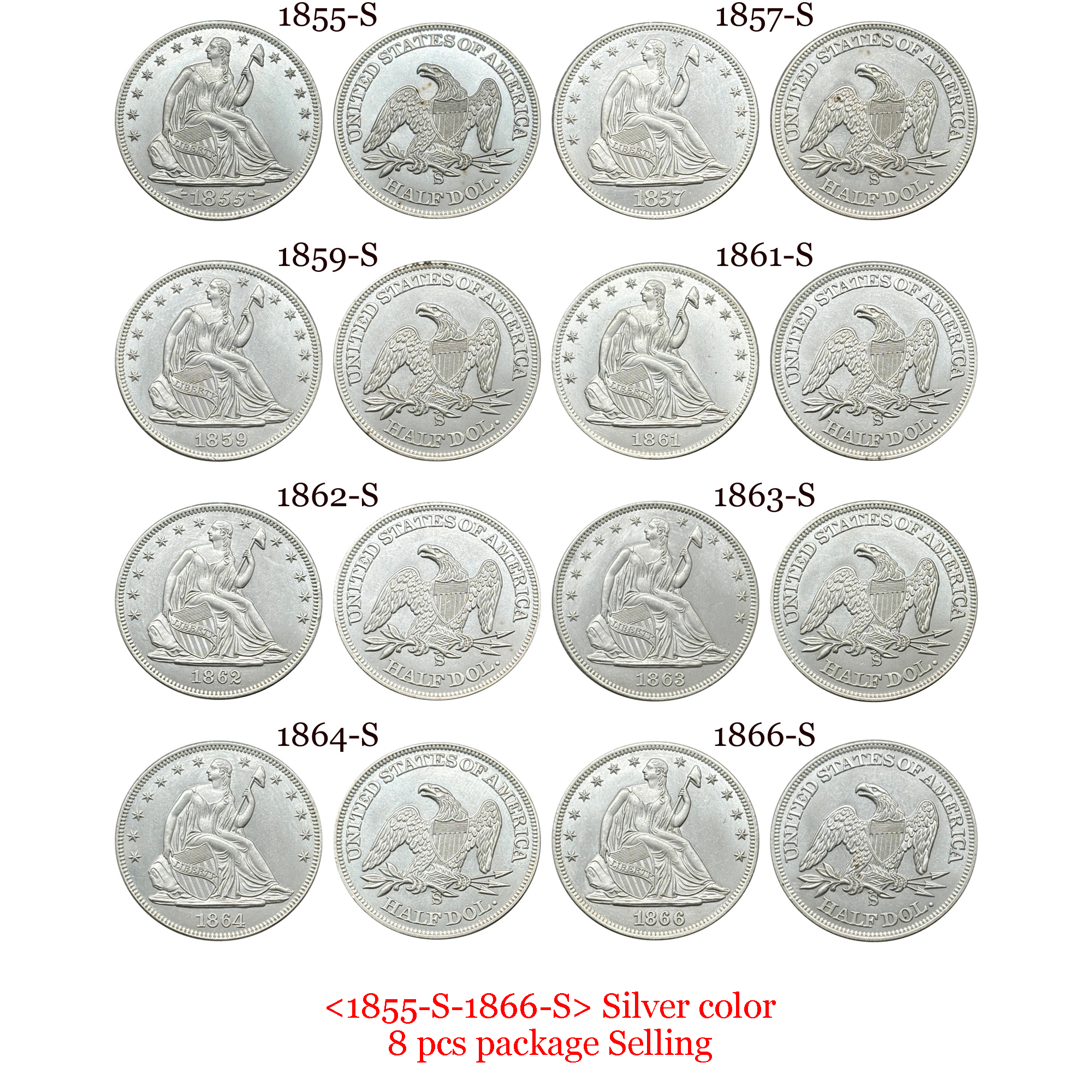US 1839 -1891 Full Set Seated Liberty 1/2 Half Dollar America United States Replica Coin Commemorative Medal,Historical Collectible Art Craft For Enthusiasts
