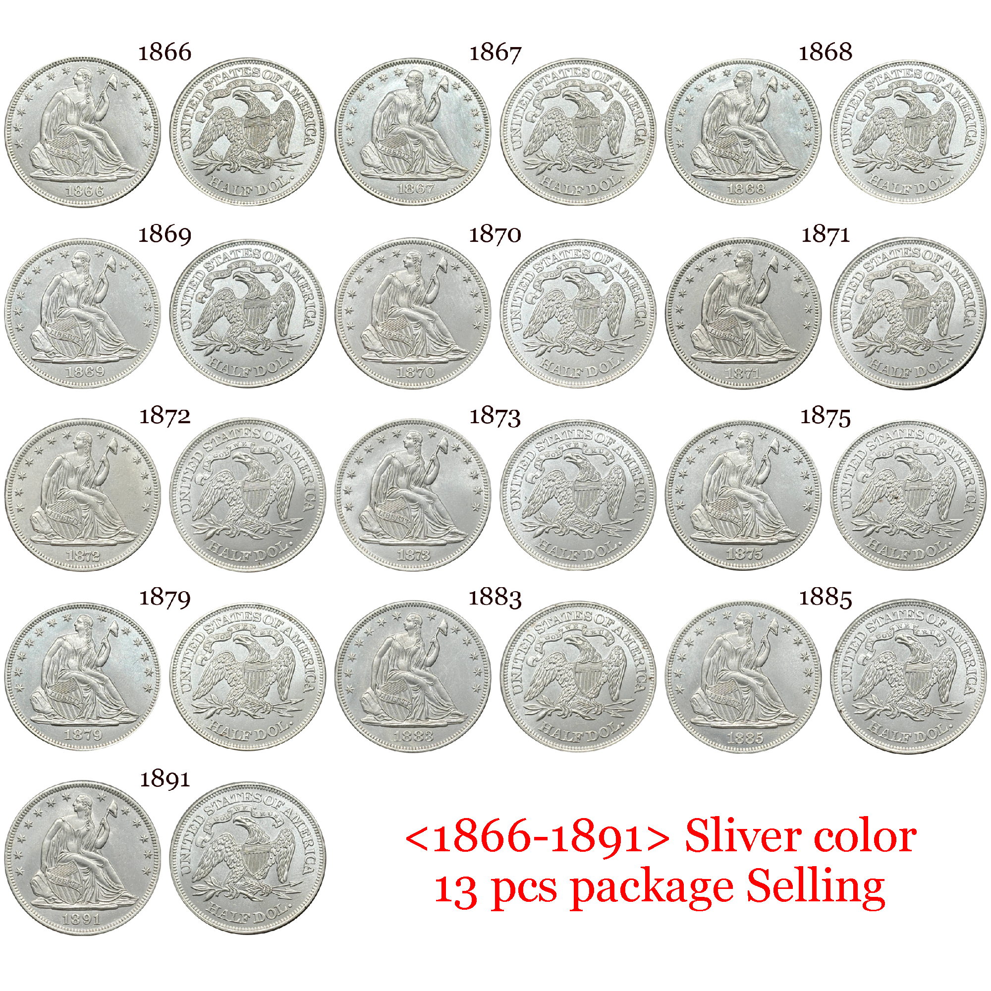 US 1839 -1891 Full Set Seated Liberty 1/2 Half Dollar America United States Replica Coin Commemorative Medal,Historical Collectible Art Craft For Enthusiasts