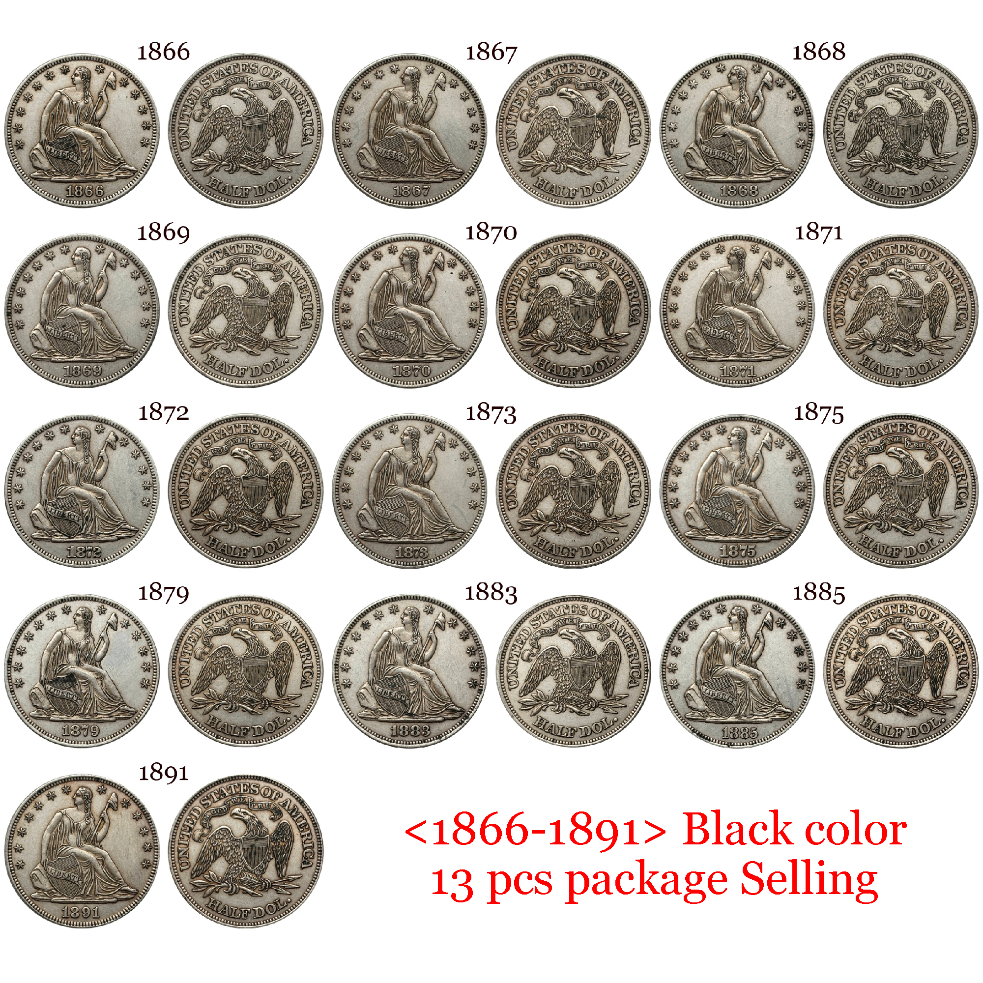 US 1839 -1891 Full Set Seated Liberty 1/2 Half Dollar America United States Replica Coin Commemorative Medal,Historical Collectible Art Craft For Enthusiasts