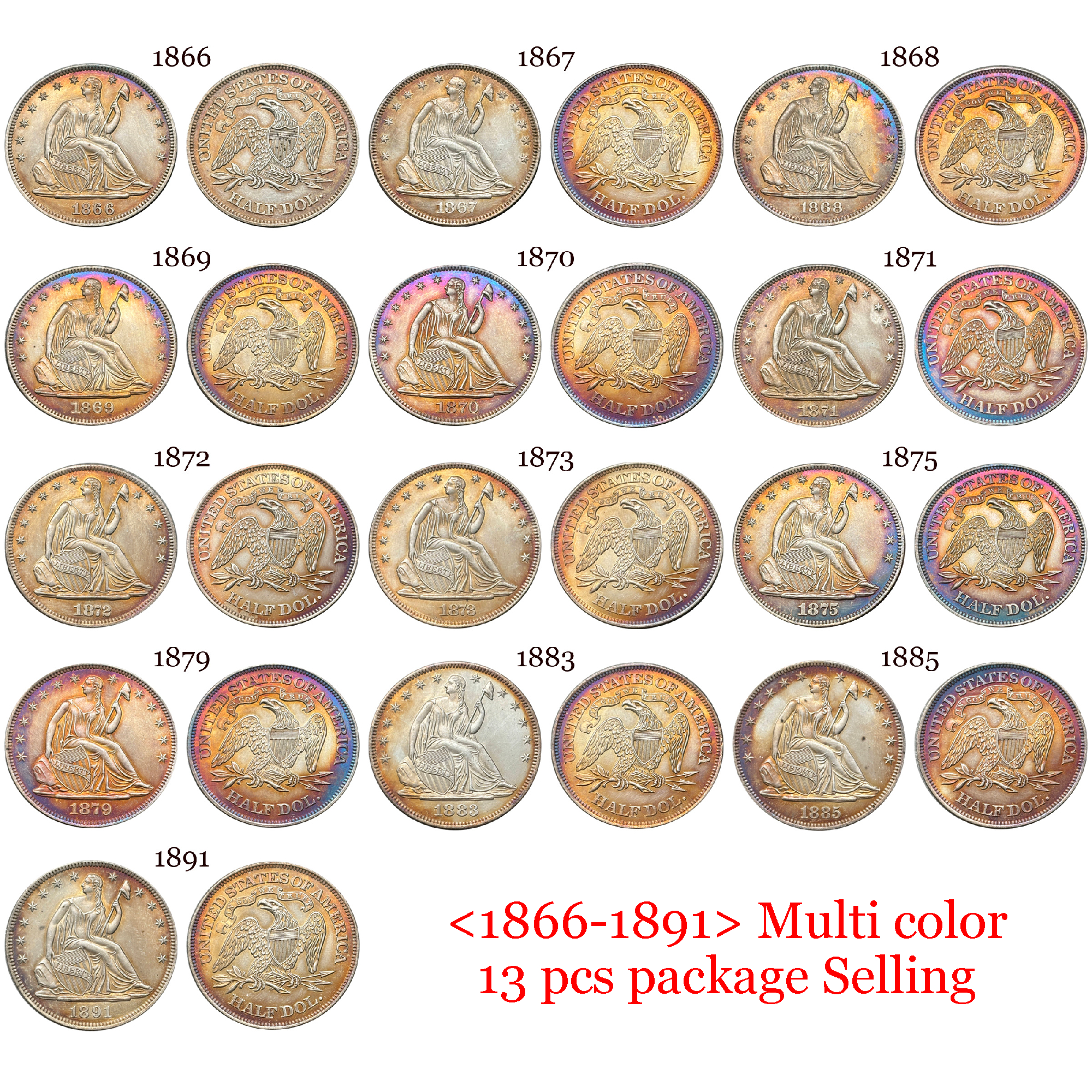 US 1839 -1891 Full Set Seated Liberty 1/2 Half Dollar America United States Replica Coin Commemorative Medal,Historical Collectible Art Craft For Enthusiasts