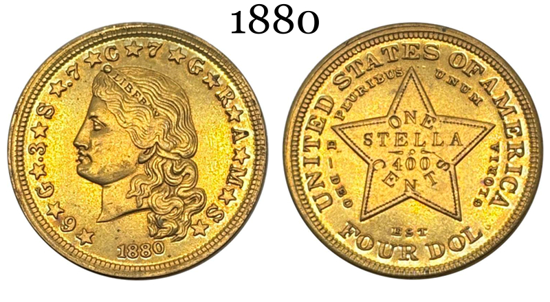 United States of America 1879 1880 1881 4 Dollars Head of Liberty One Stella 400 Cents US Brass Metal Replica Coin Commemorative Medal,Historical Collectible Art Craft For Enthusiasts