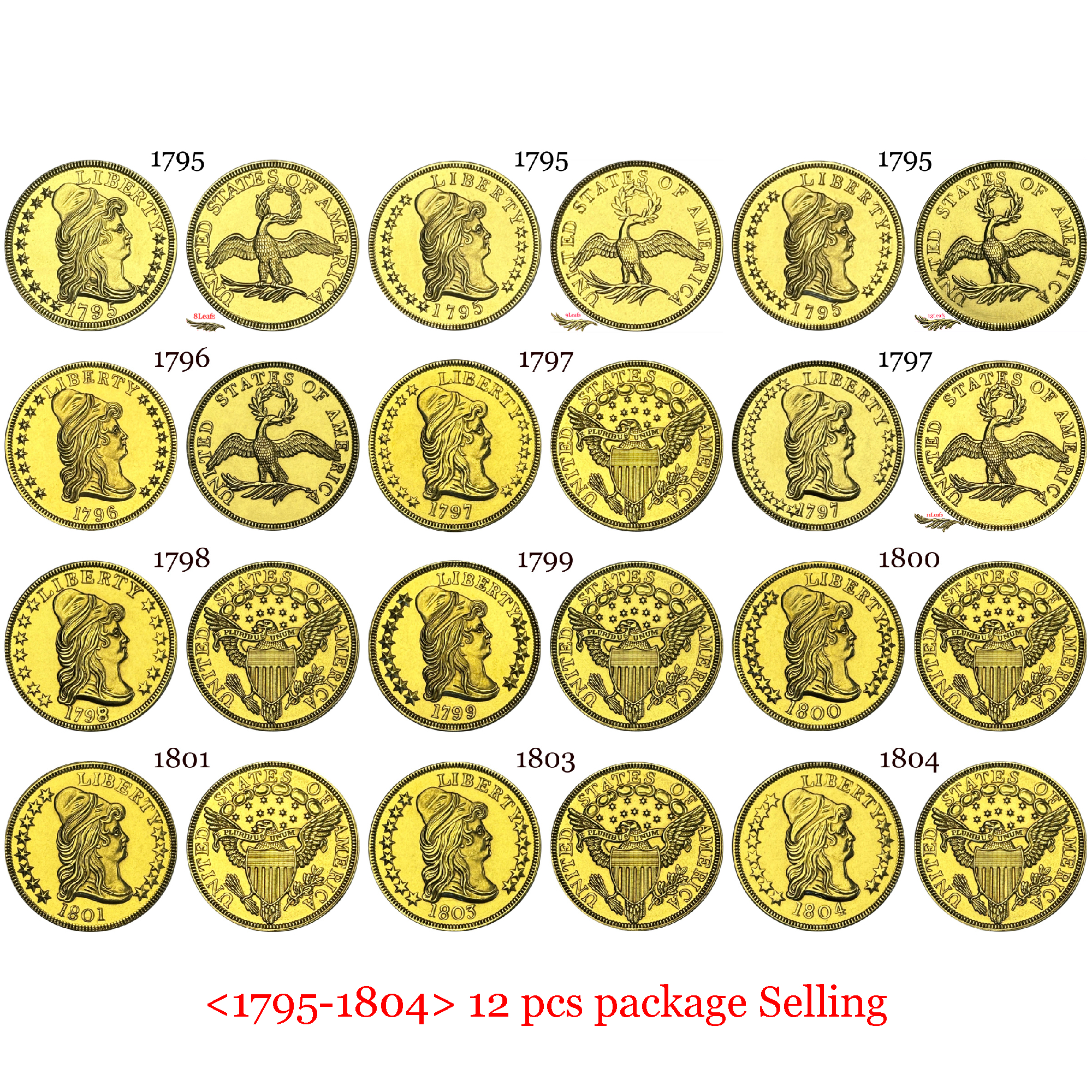 US 1795 -1804 United States 12 Pcs 10 Ten Dollars Liberty Capped Bust Eagle Gold Brass Metal Replica Coin Commemorative Medal,Historical Collectible Art Craft For Enthusiasts