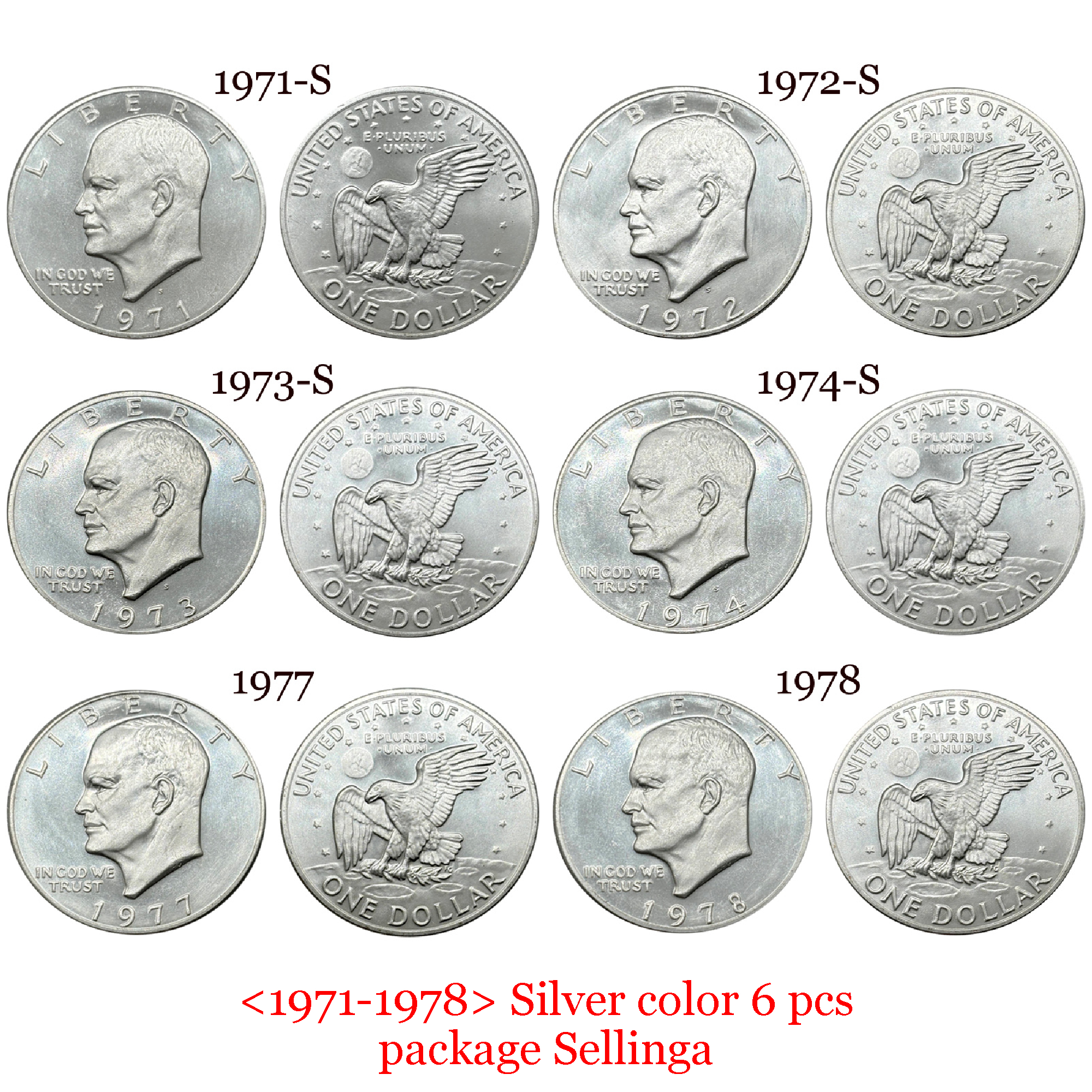 US 1971-1978 6 Pcs Sell United States 1 One Eisenhower Dollar Liberty In God We Trust America Silver Plated Replica Coin Commemorative Medal,Historical Collectible Art Craft For Enthusiasts