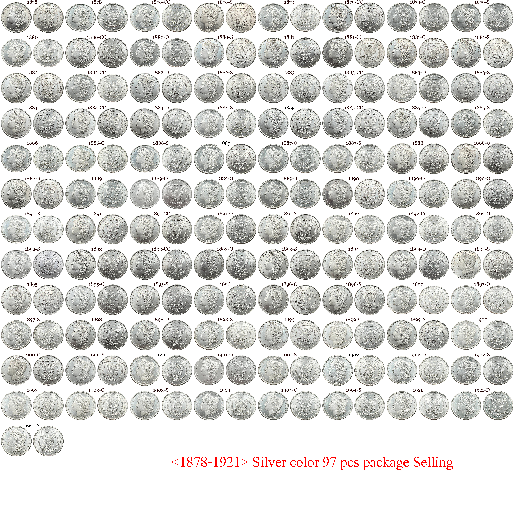US 1878-1921 97 Pcs 1878-1921 No Mint 29 Pcs 1878 CC-1893 CC 13 Pcs 1879 O-1904 O 26 Pcs 1878 S-1921 S 28 Pcs United States America 1 One Dollar Morgan Silver Plated Replica Coin Commemorative Medal,Historical Collectible Art Craft For Enthusiasts