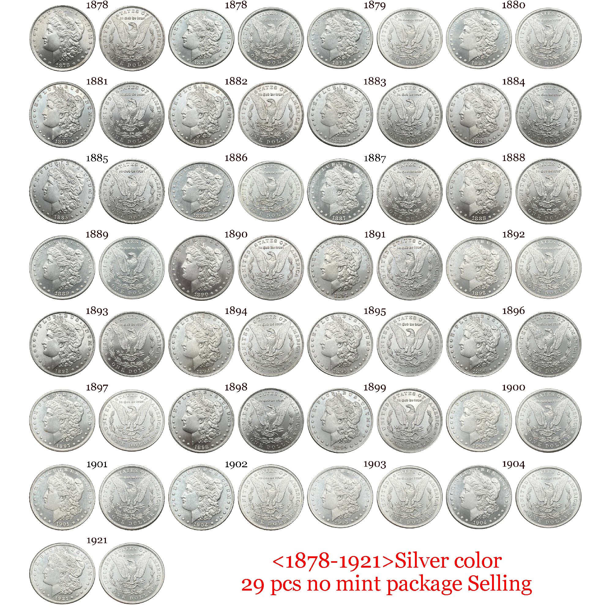 US 1878-1921 97 Pcs 1878-1921 No Mint 29 Pcs 1878 CC-1893 CC 13 Pcs 1879 O-1904 O 26 Pcs 1878 S-1921 S 28 Pcs United States America 1 One Dollar Morgan Silver Plated Replica Coin Commemorative Medal,Historical Collectible Art Craft For Enthusiasts