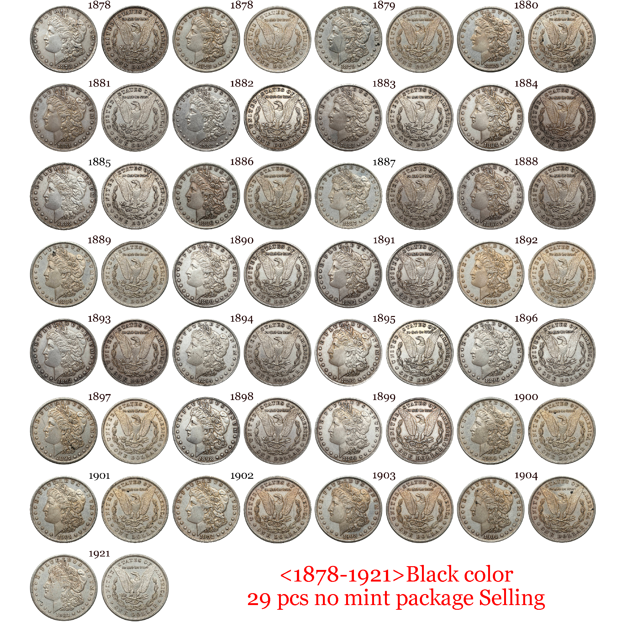US 1878-1921 97 Pcs 1878-1921 No Mint 29 Pcs 1878 CC-1893 CC 13 Pcs 1879 O-1904 O 26 Pcs 1878 S-1921 S 28 Pcs United States America 1 One Dollar Morgan Silver Plated Replica Coin Commemorative Medal,Historical Collectible Art Craft For Enthusiasts