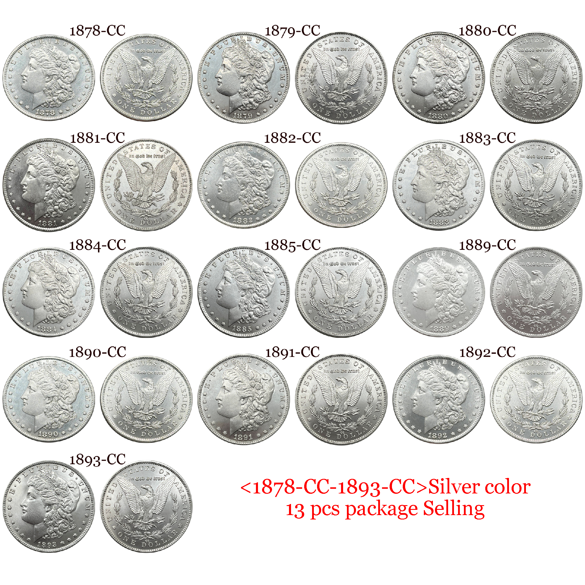 US 1878-1921 97 Pcs 1878-1921 No Mint 29 Pcs 1878 CC-1893 CC 13 Pcs 1879 O-1904 O 26 Pcs 1878 S-1921 S 28 Pcs United States America 1 One Dollar Morgan Silver Plated Replica Coin Commemorative Medal,Historical Collectible Art Craft For Enthusiasts